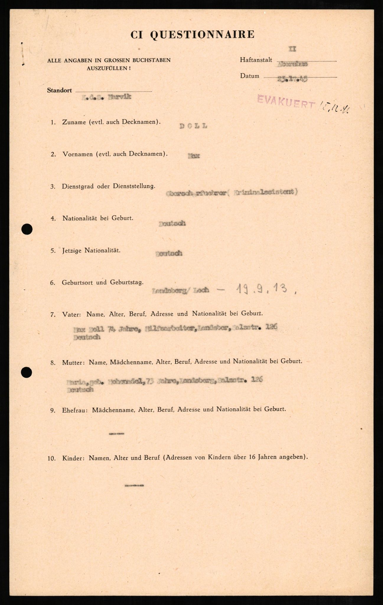 Forsvaret, Forsvarets overkommando II, AV/RA-RAFA-3915/D/Db/L0006: CI Questionaires. Tyske okkupasjonsstyrker i Norge. Tyskere., 1945-1946, p. 130