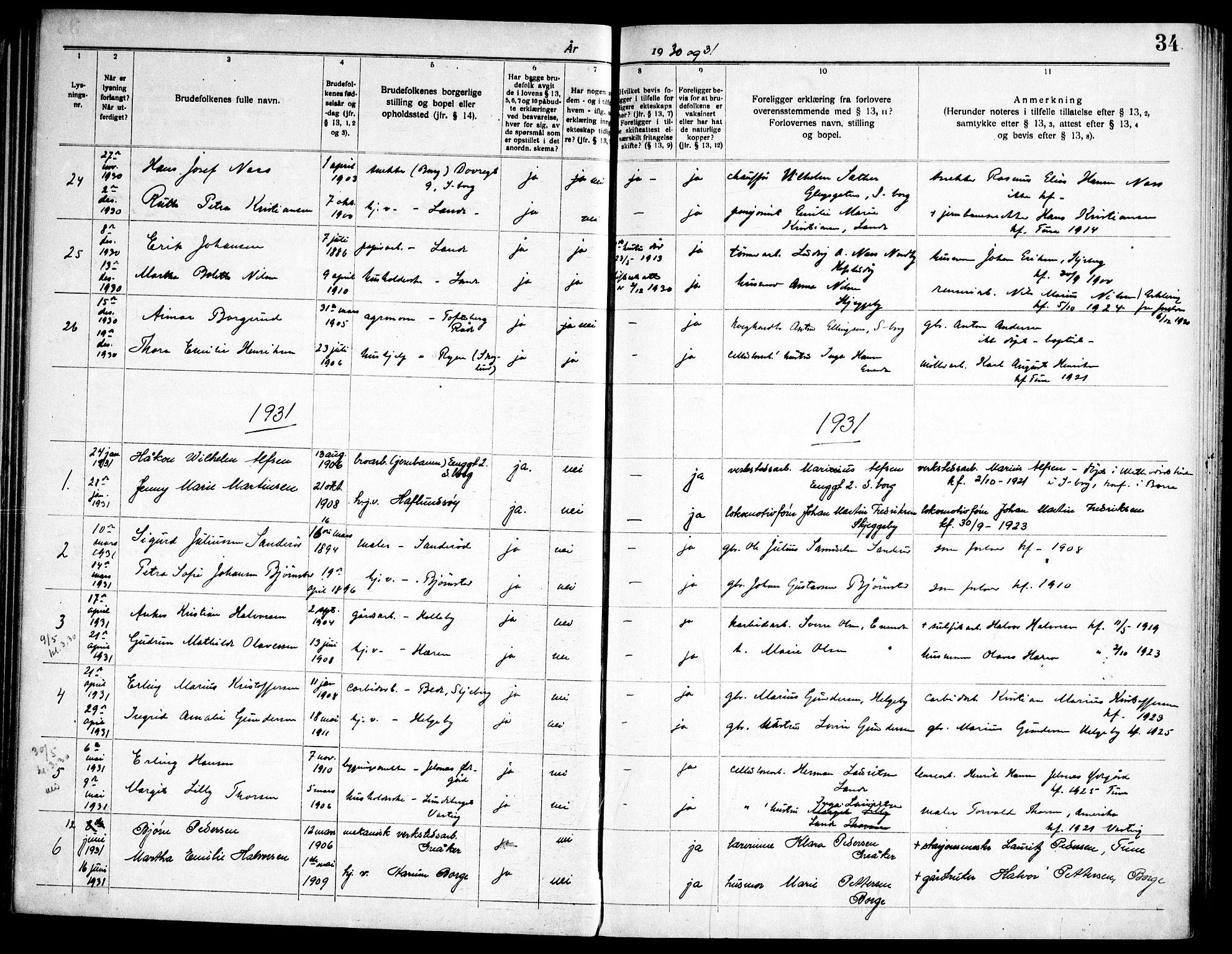 Tune prestekontor Kirkebøker, AV/SAO-A-2007/H/Ha/L0001: Banns register no. I 1, 1919-1946, p. 34