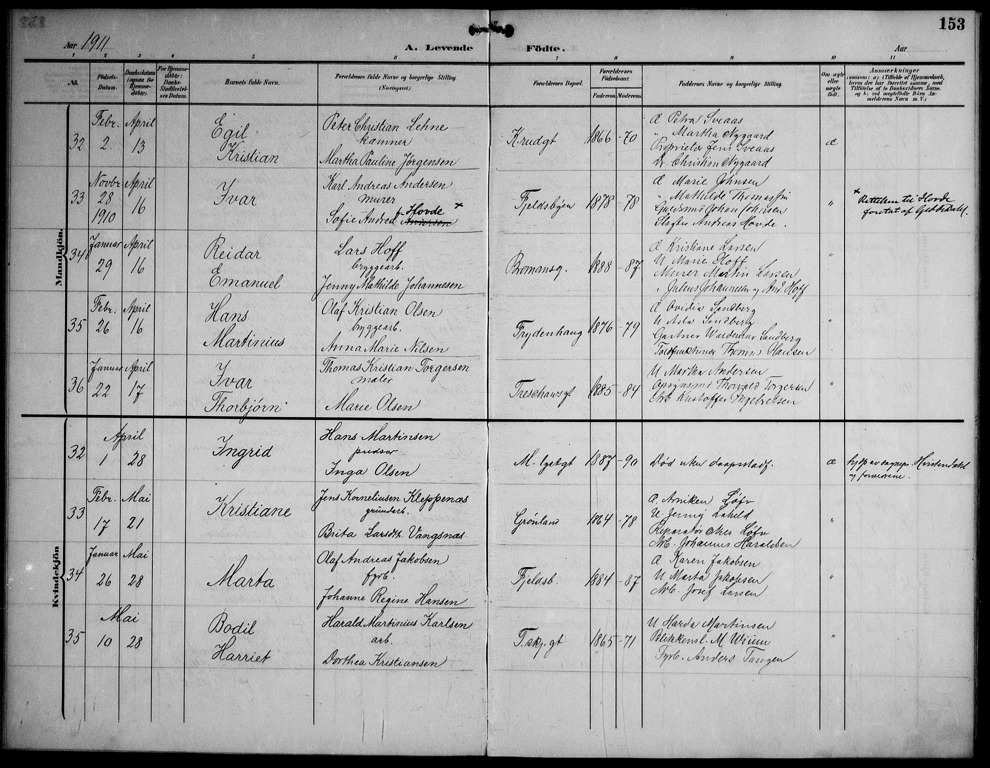 Strømsø kirkebøker, AV/SAKO-A-246/F/Fa/L0026: Parish register (official) no. I 26, 1905-1914, p. 153