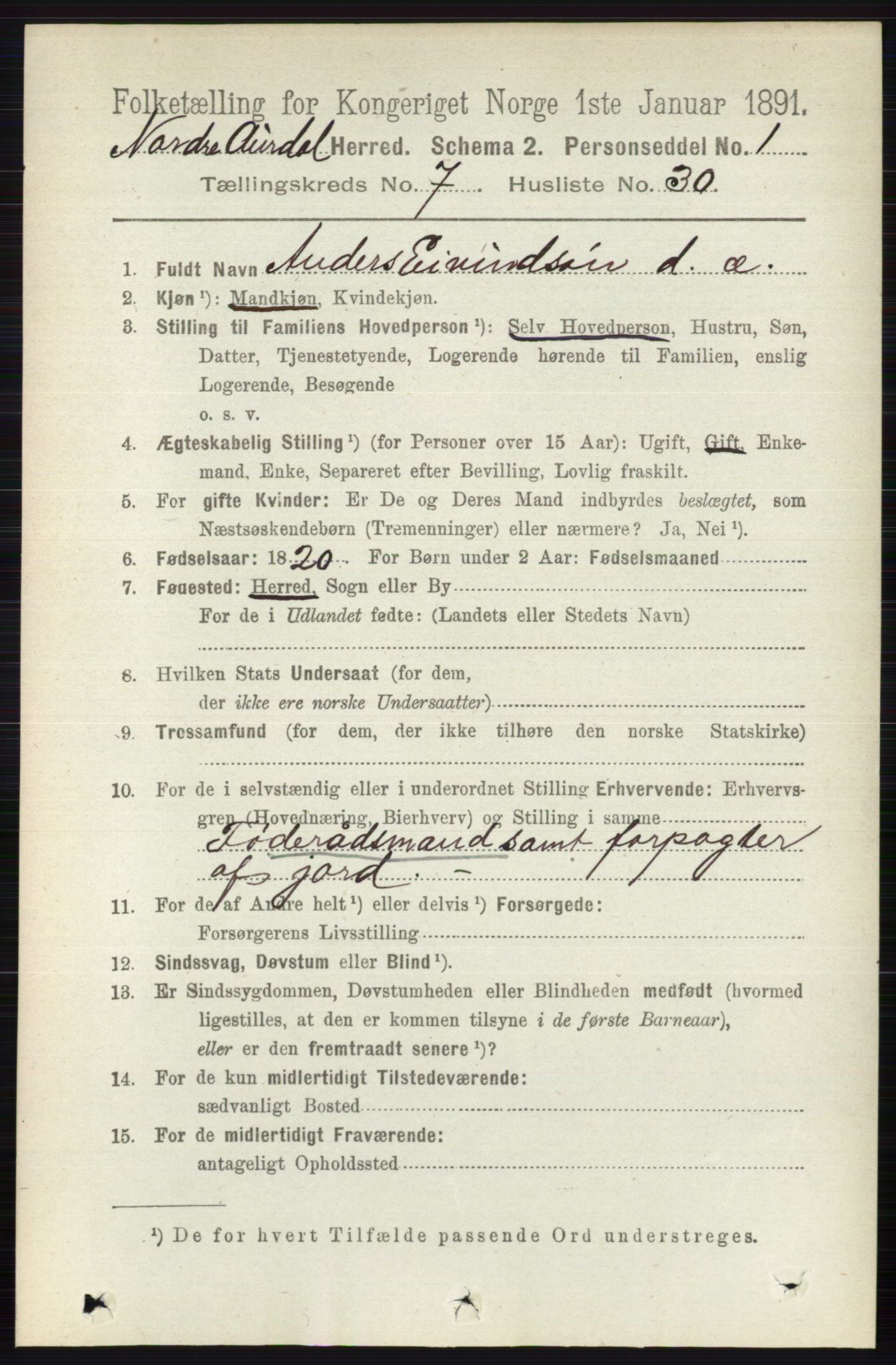 RA, 1891 census for 0542 Nord-Aurdal, 1891, p. 2543