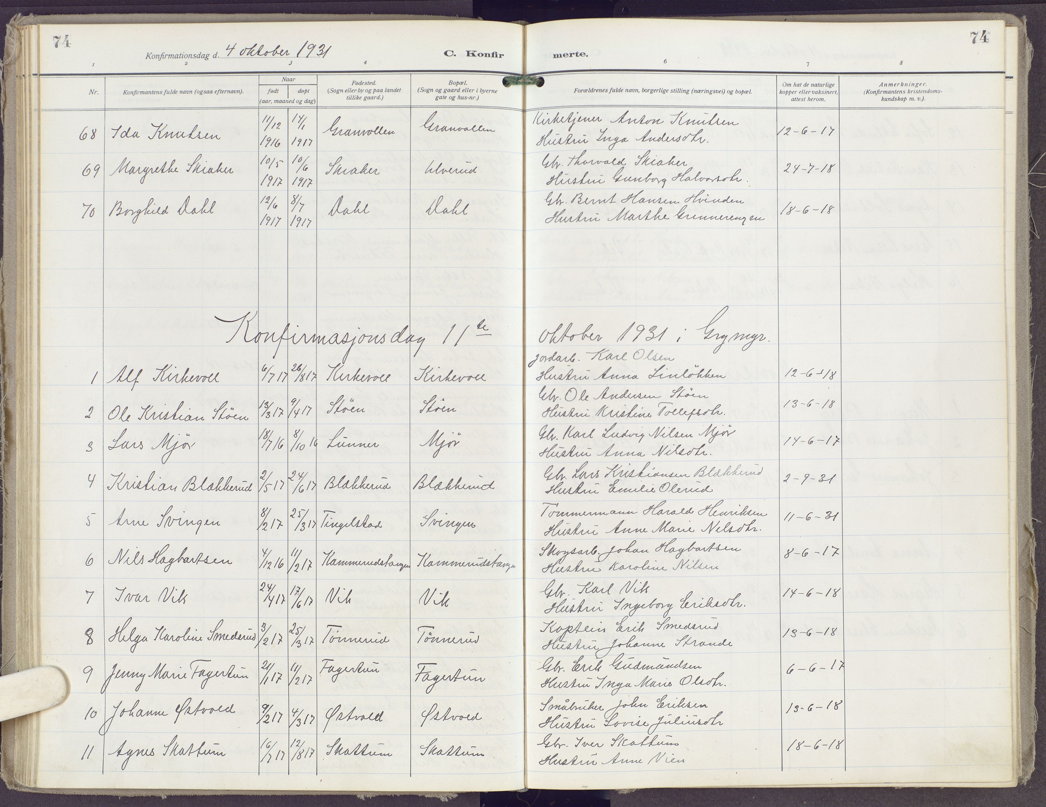 Gran prestekontor, SAH/PREST-112/H/Ha/Haa/L0023: Parish register (official) no. 23, 1919-1938, p. 74