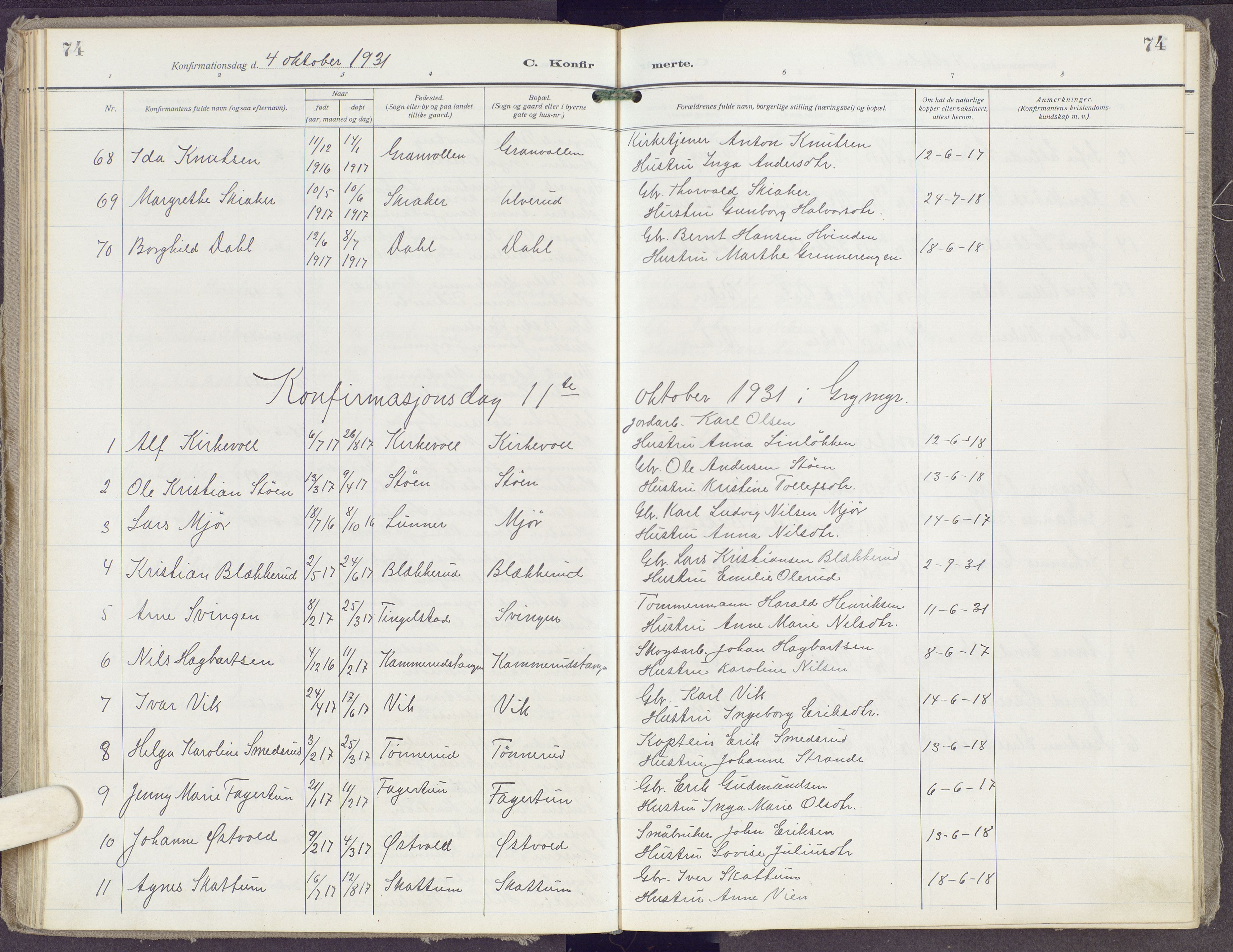 Gran prestekontor, AV/SAH-PREST-112/H/Ha/Haa/L0023: Parish register (official) no. 23, 1919-1938, p. 74