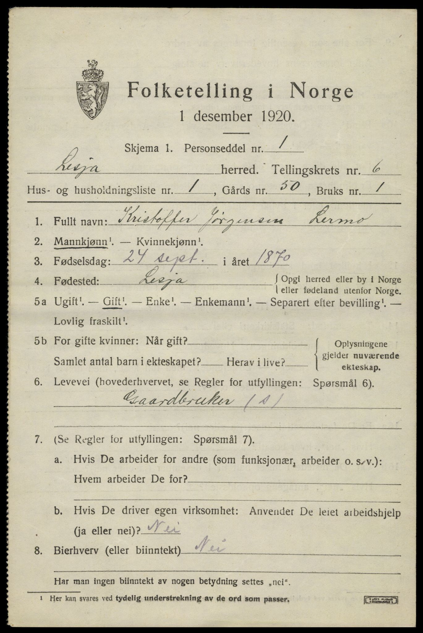 SAH, 1920 census for Lesja, 1920, p. 3130