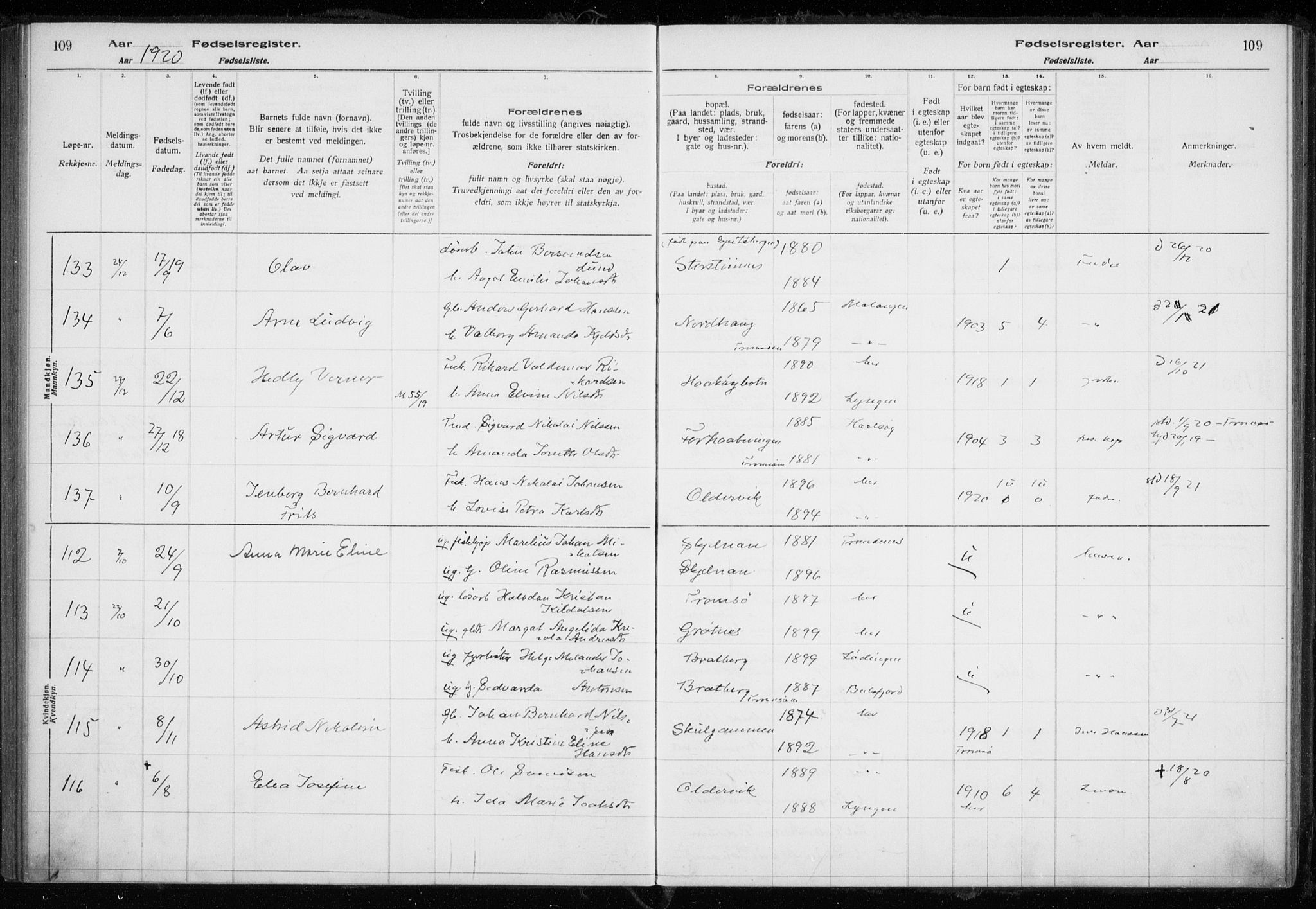 Tromsøysund sokneprestkontor, AV/SATØ-S-1304/H/Ha/L0079: Birth register no. 79, 1916-1924, p. 109