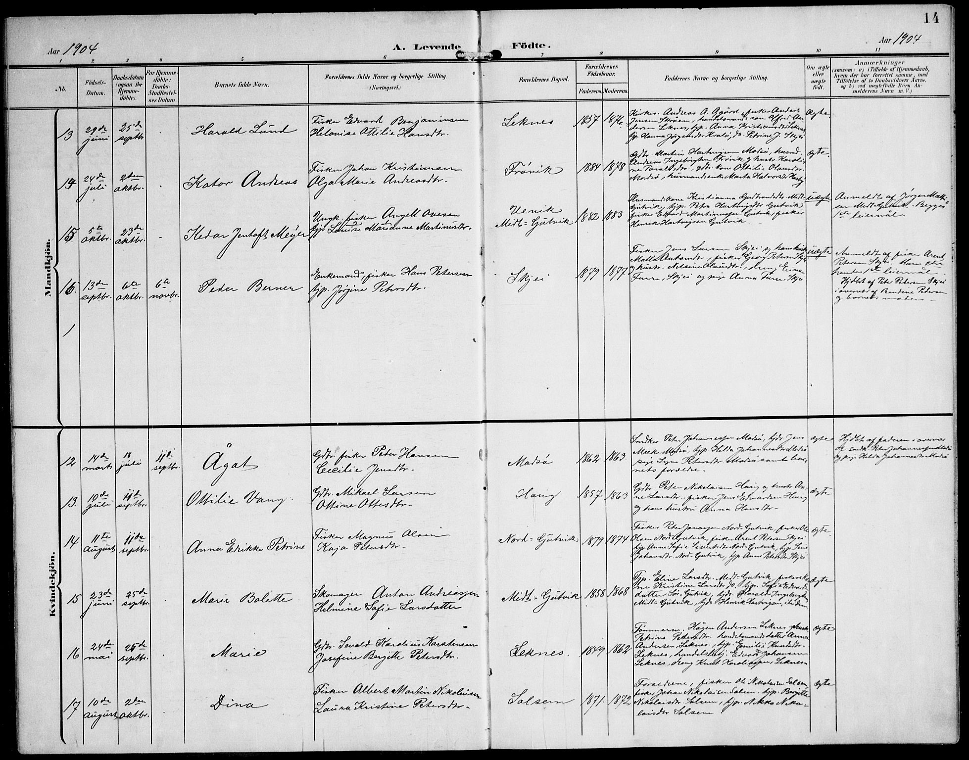 Ministerialprotokoller, klokkerbøker og fødselsregistre - Nord-Trøndelag, SAT/A-1458/788/L0698: Parish register (official) no. 788A05, 1902-1921, p. 14