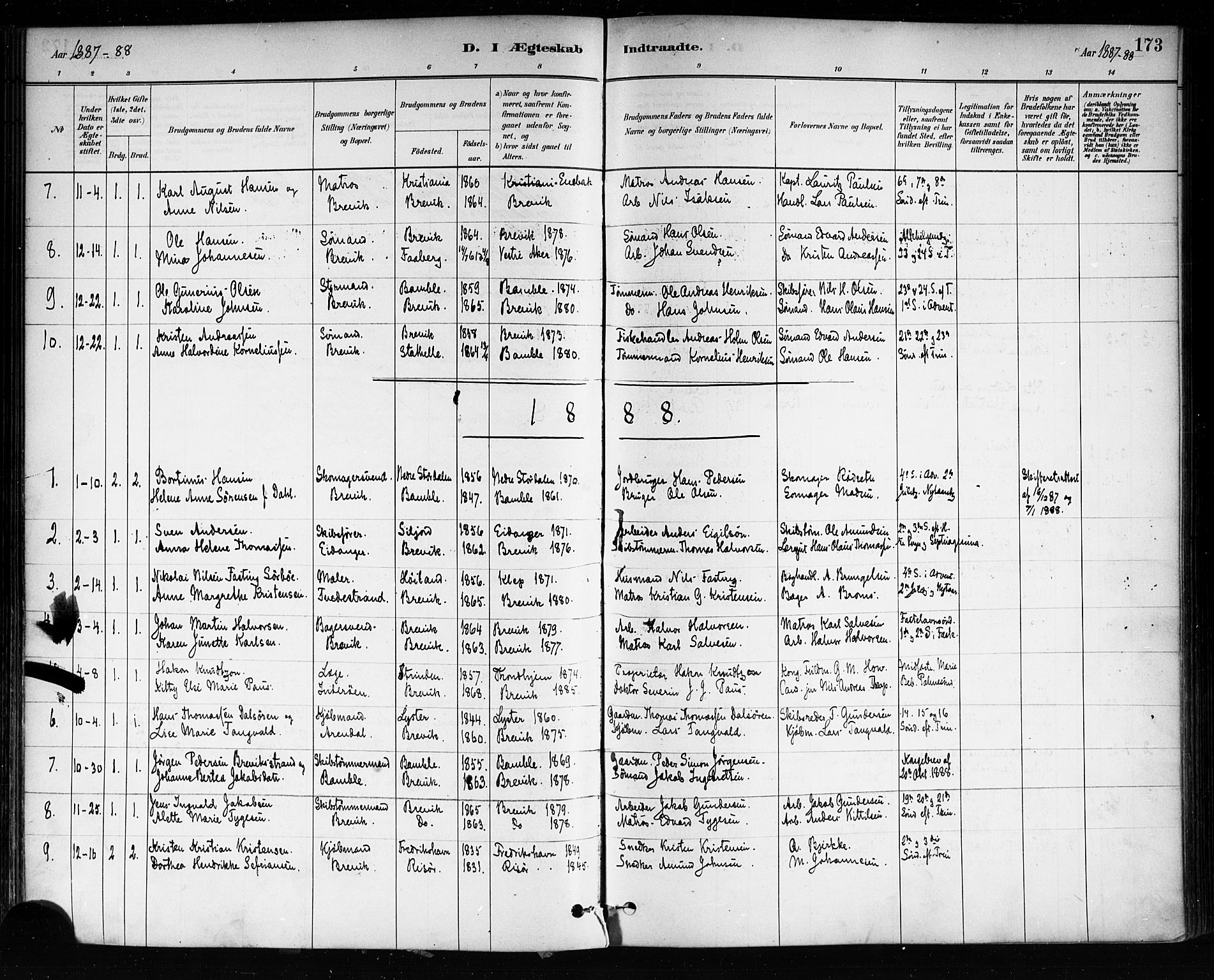 Brevik kirkebøker, SAKO/A-255/F/Fa/L0007: Parish register (official) no. 7, 1882-1900, p. 173