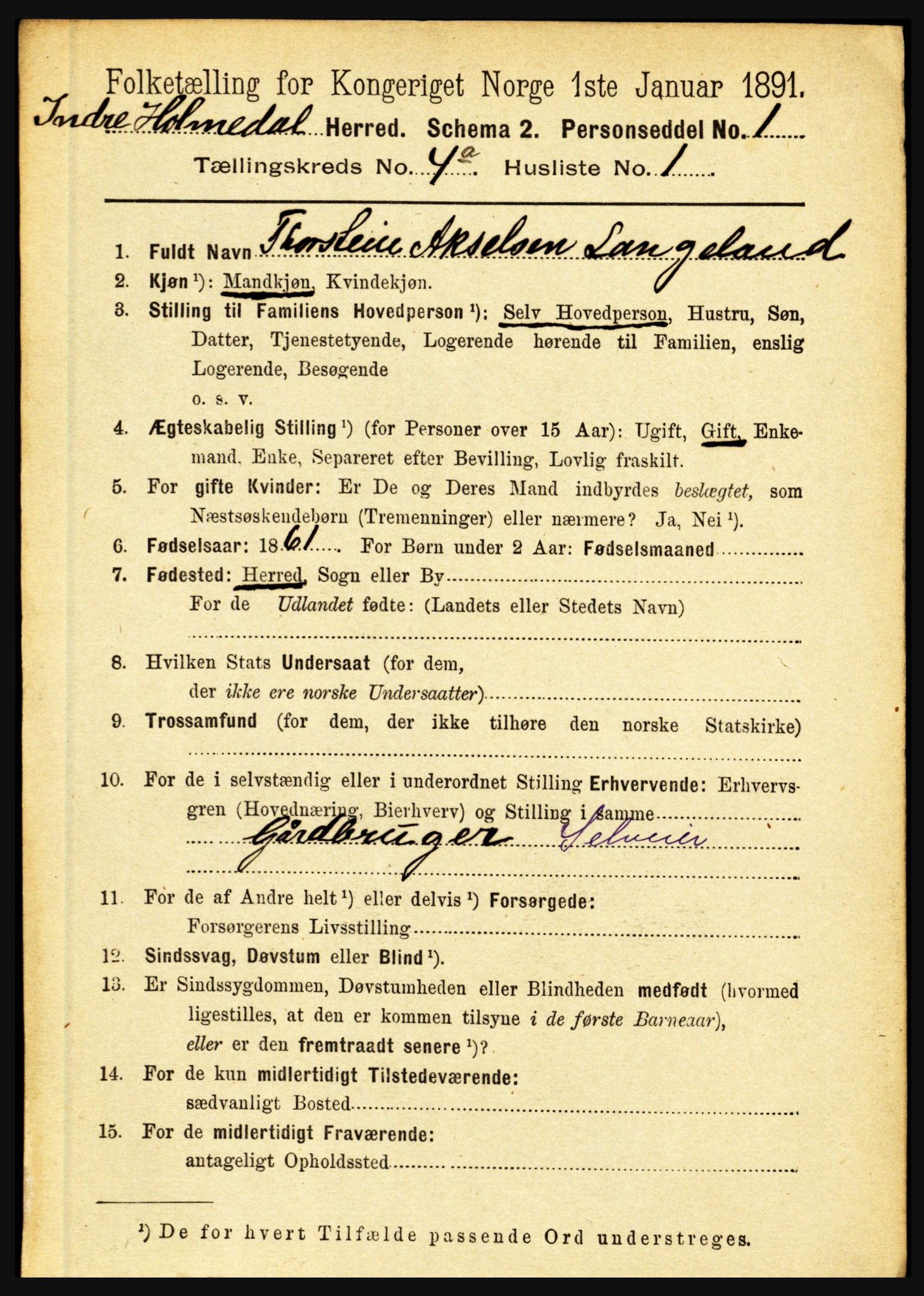 RA, 1891 census for 1430 Indre Holmedal, 1891, p. 1324