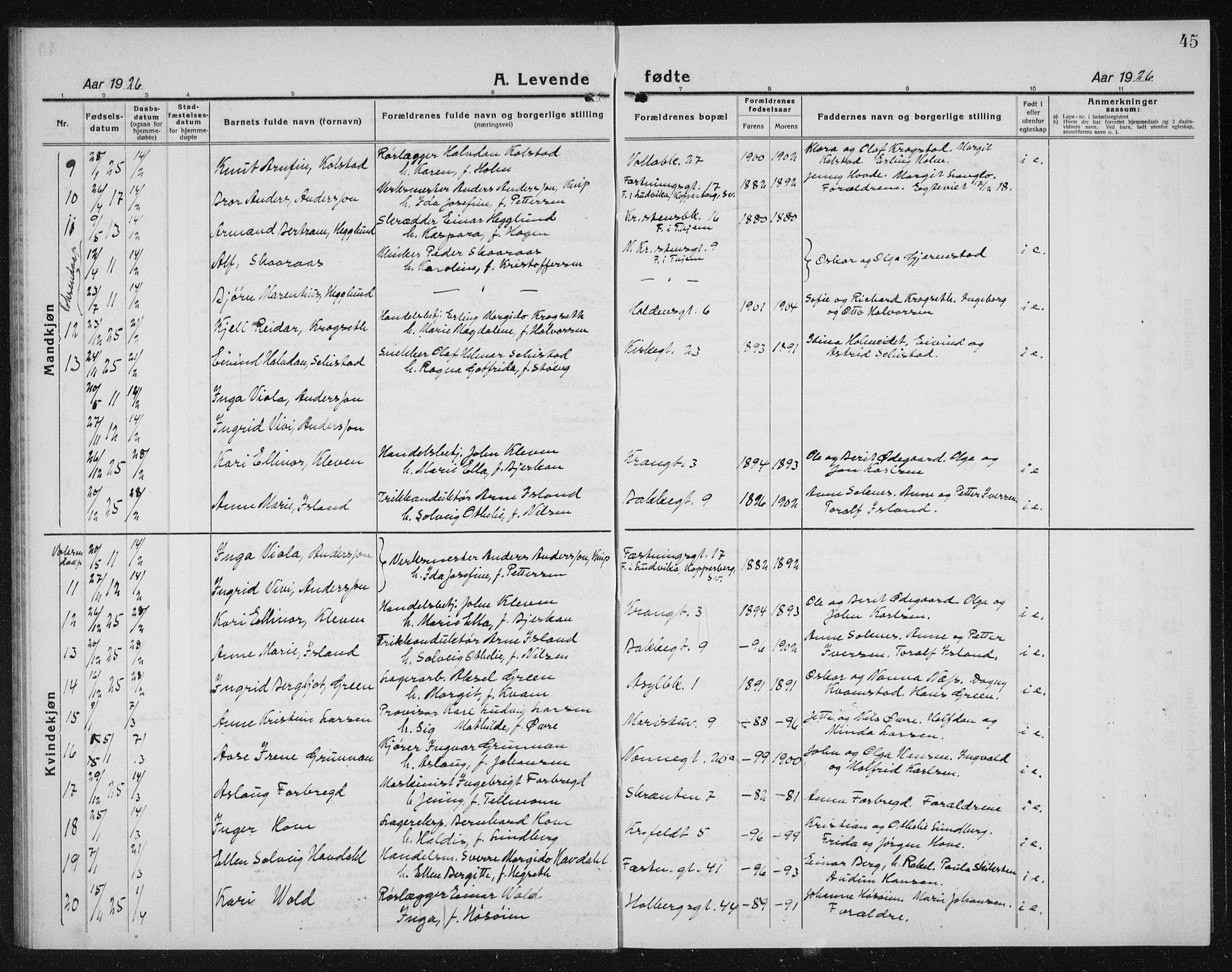Ministerialprotokoller, klokkerbøker og fødselsregistre - Sør-Trøndelag, SAT/A-1456/604/L0227: Parish register (copy) no. 604C10, 1923-1942, p. 45