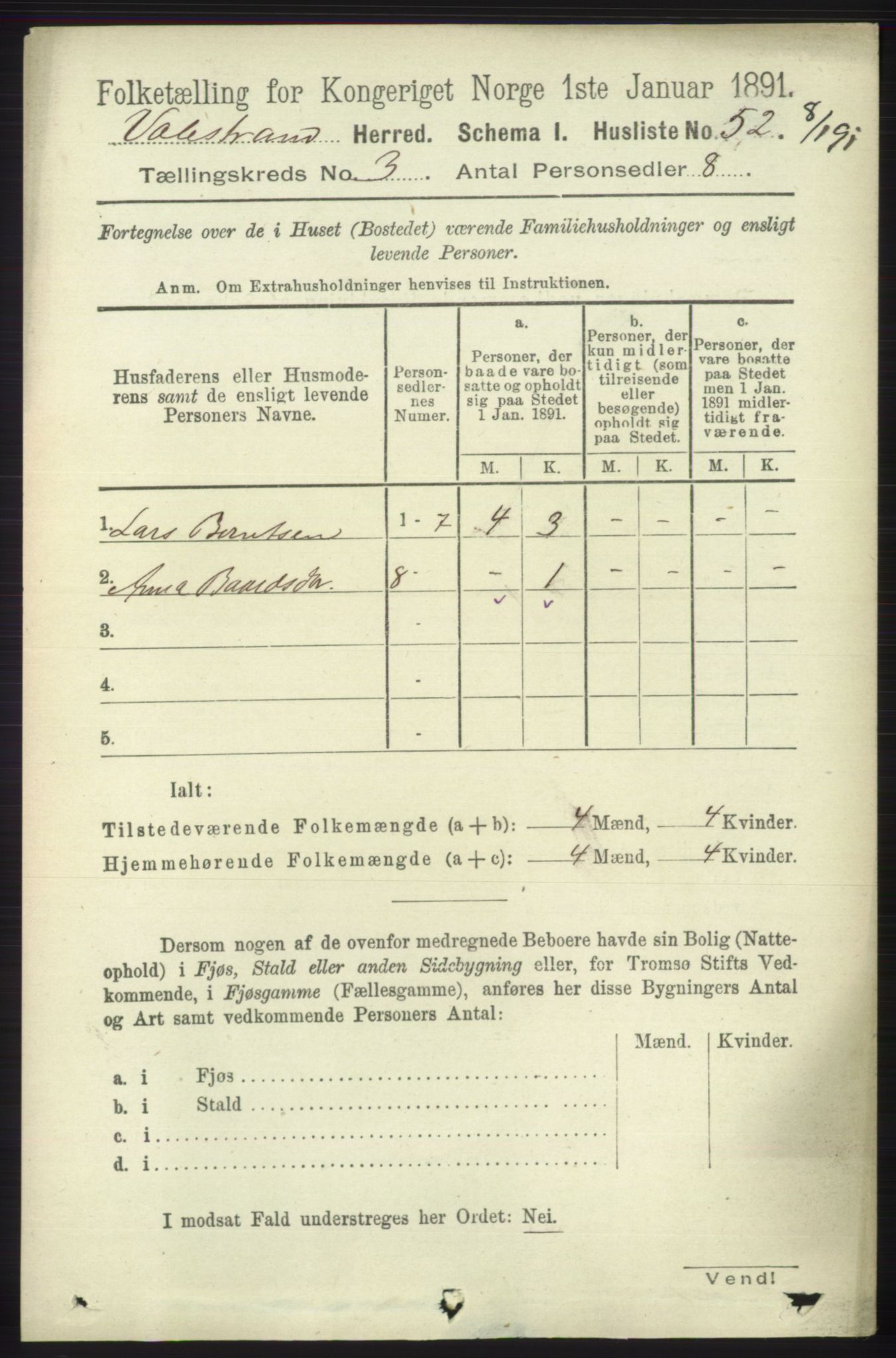 RA, 1891 census for 1217 Valestrand, 1891, p. 541