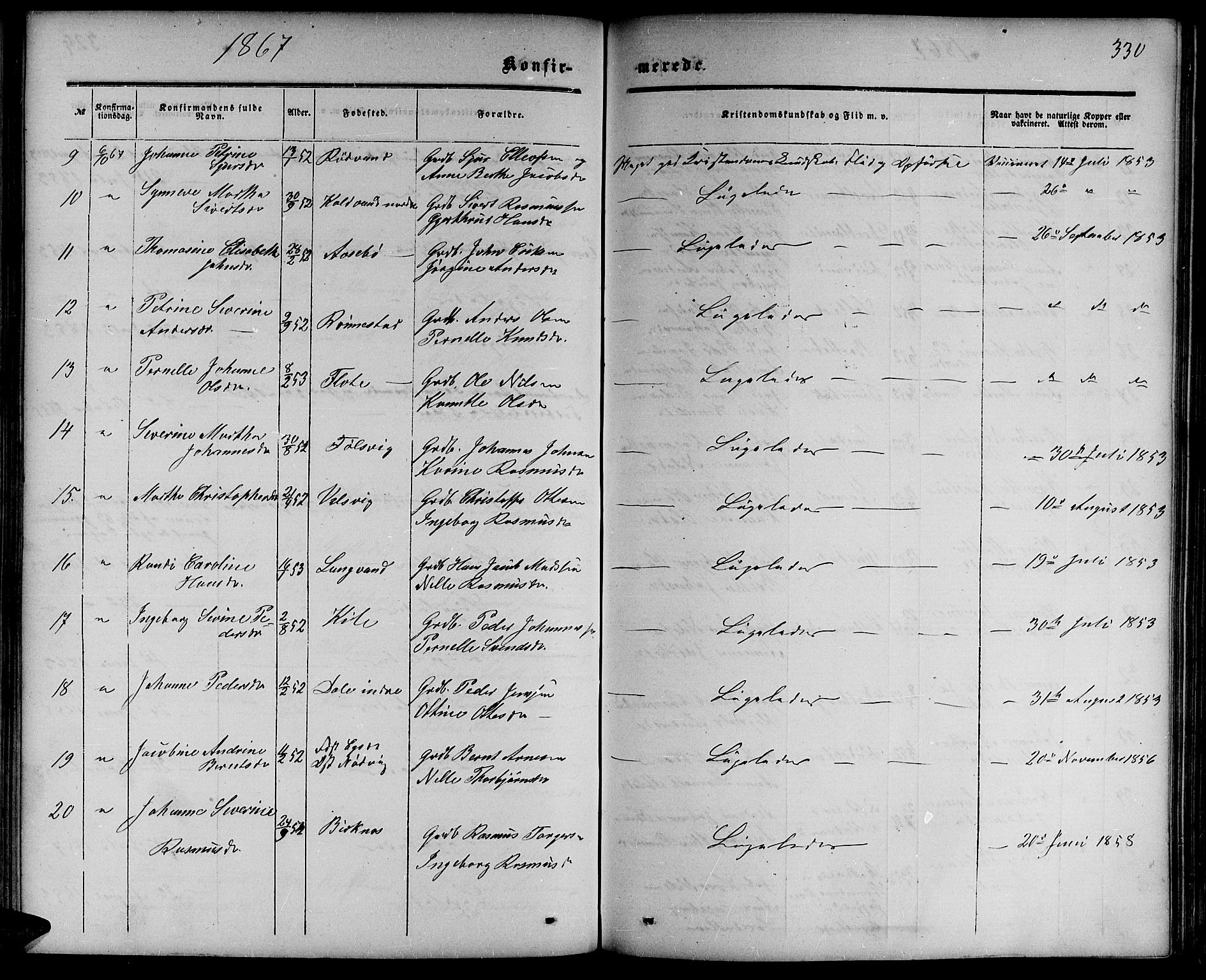 Ministerialprotokoller, klokkerbøker og fødselsregistre - Møre og Romsdal, AV/SAT-A-1454/511/L0157: Parish register (copy) no. 511C03, 1864-1884, p. 330