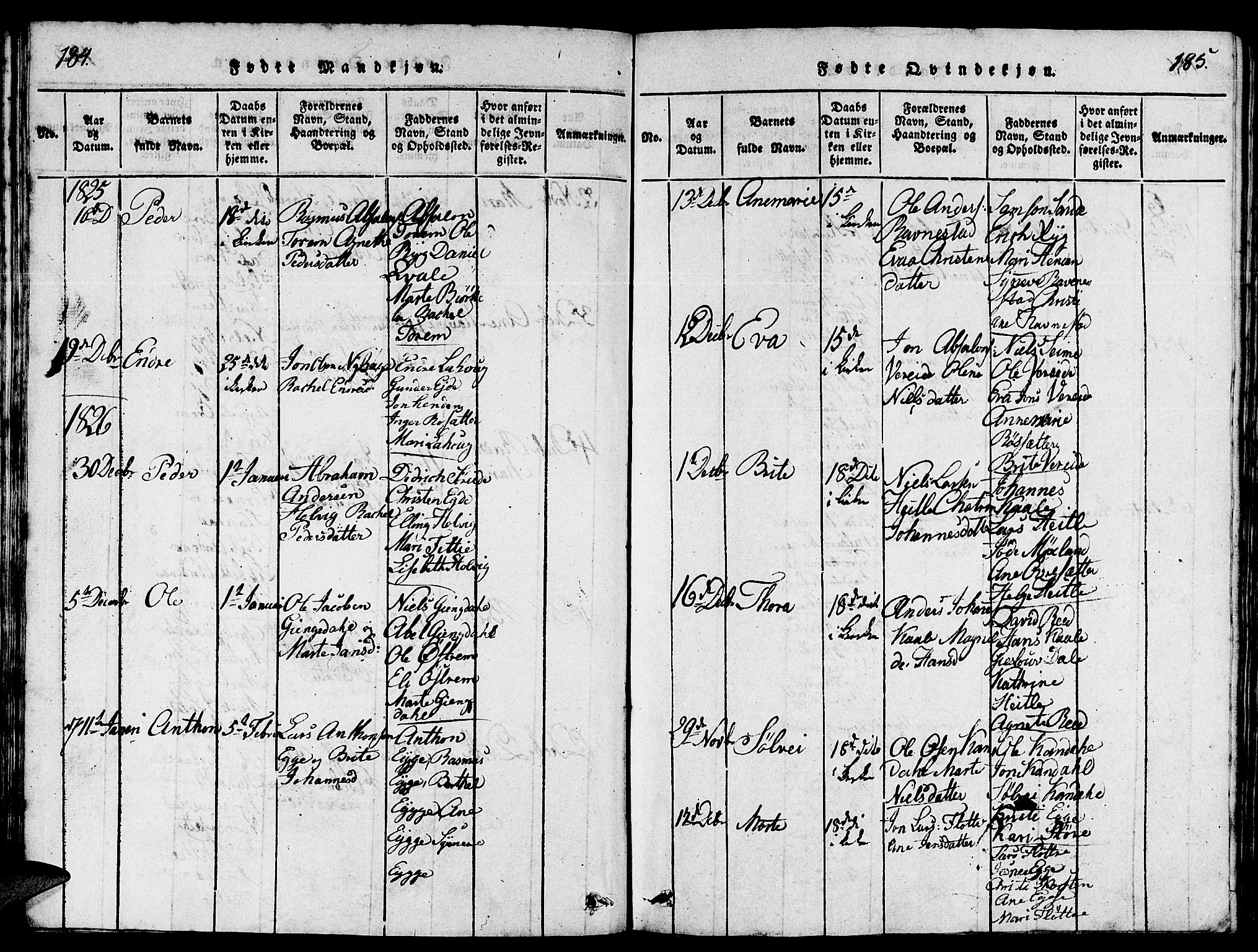 Gloppen sokneprestembete, SAB/A-80101/H/Hab/Haba/L0001: Parish register (copy) no. A 1, 1816-1827, p. 184-185