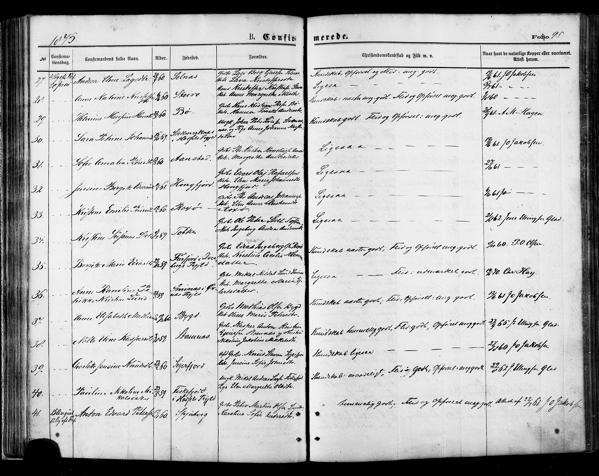 Ministerialprotokoller, klokkerbøker og fødselsregistre - Nordland, AV/SAT-A-1459/895/L1370: Parish register (official) no. 895A05, 1873-1884, p. 95