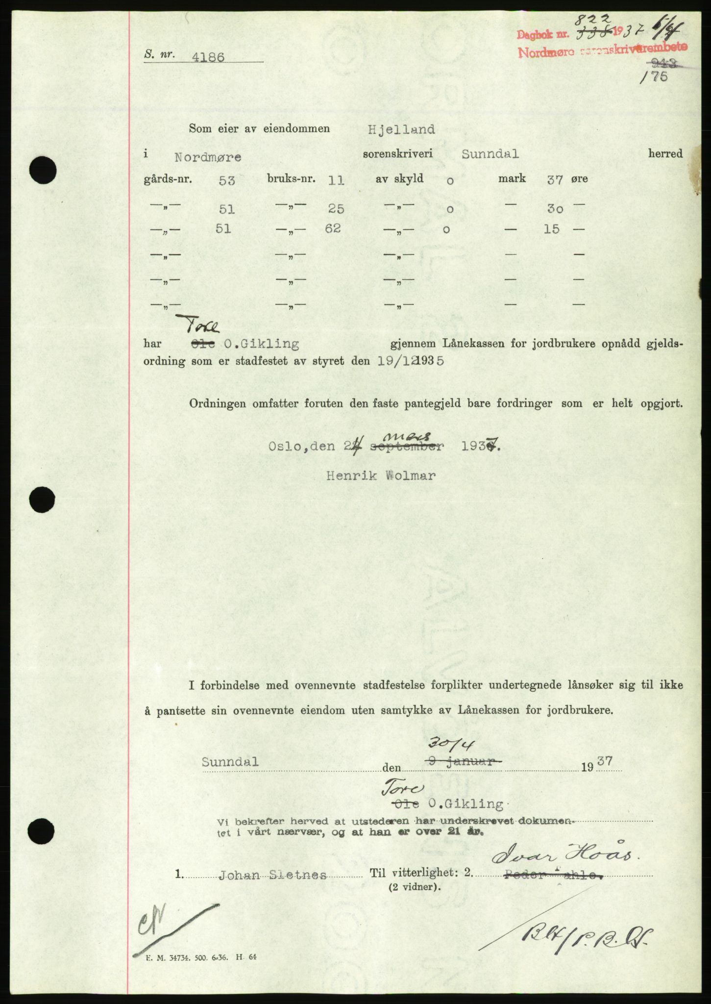 Nordmøre sorenskriveri, AV/SAT-A-4132/1/2/2Ca/L0091: Mortgage book no. B81, 1937-1937, Diary no: : 822/1937