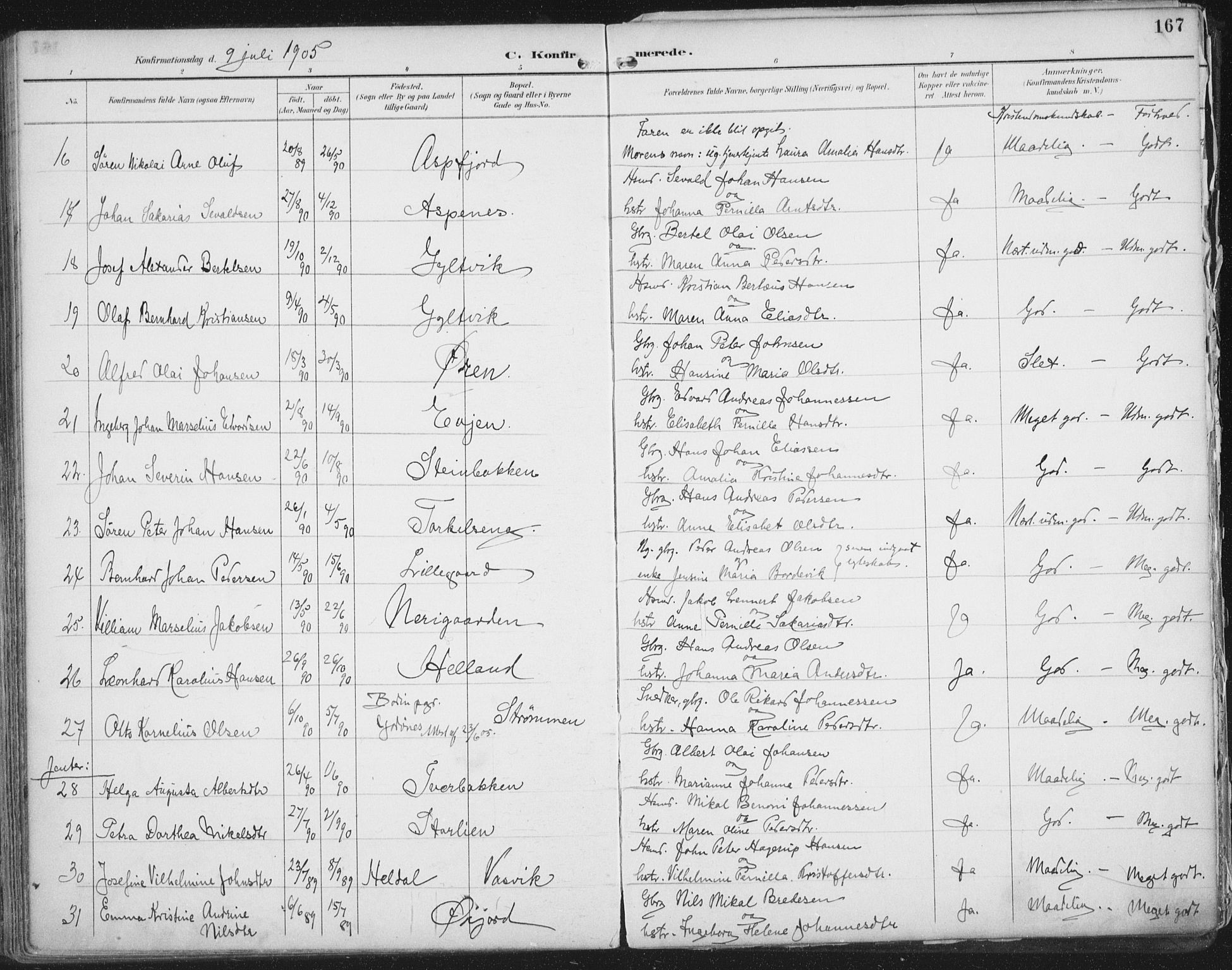 Ministerialprotokoller, klokkerbøker og fødselsregistre - Nordland, SAT/A-1459/854/L0779: Parish register (official) no. 854A02, 1892-1909, p. 167