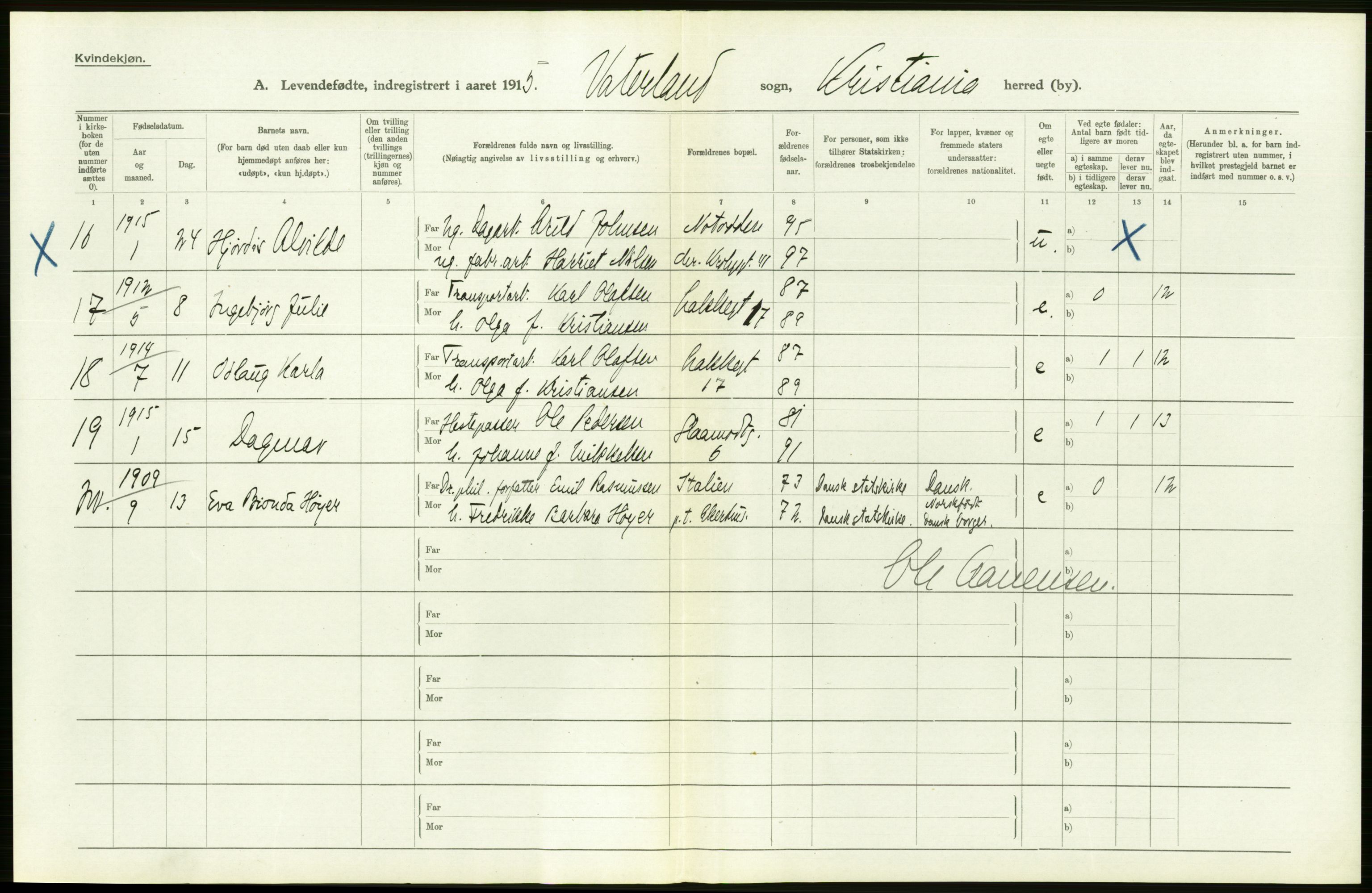 Statistisk sentralbyrå, Sosiodemografiske emner, Befolkning, RA/S-2228/D/Df/Dfb/Dfbe/L0006: Kristiania: Levendefødte menn og kvinner., 1915, p. 336