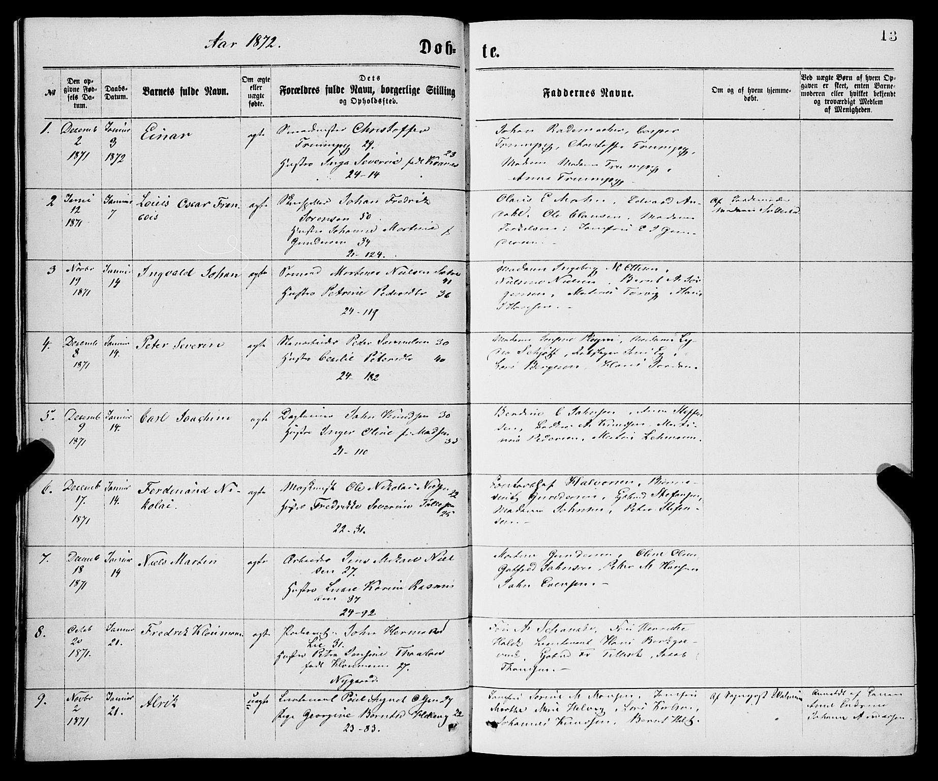 Korskirken sokneprestembete, SAB/A-76101/H/Haa/L0020: Parish register (official) no. B 6, 1871-1878, p. 13