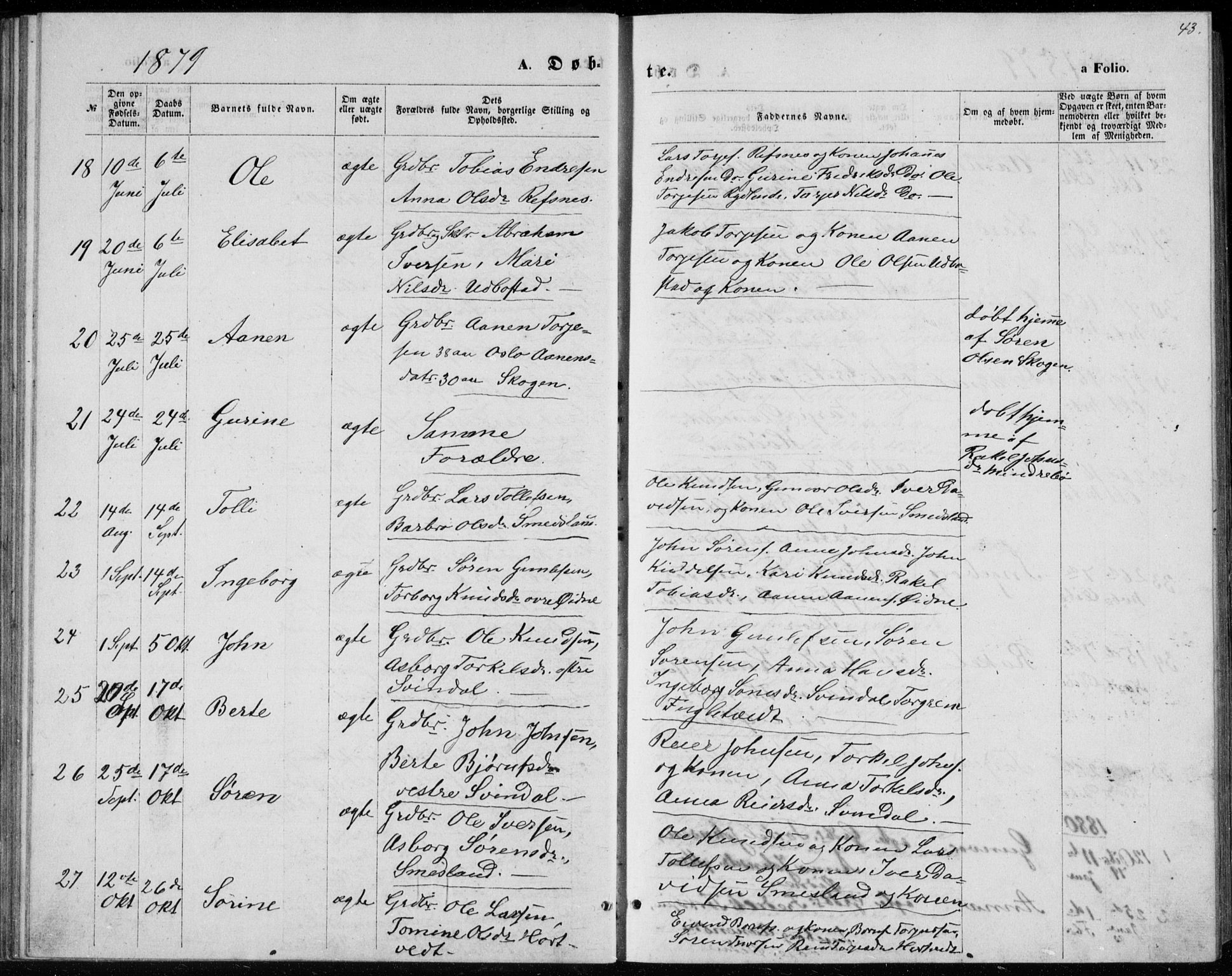 Bjelland sokneprestkontor, AV/SAK-1111-0005/F/Fb/Fbc/L0002: Parish register (copy) no. B 2, 1867-1887, p. 43