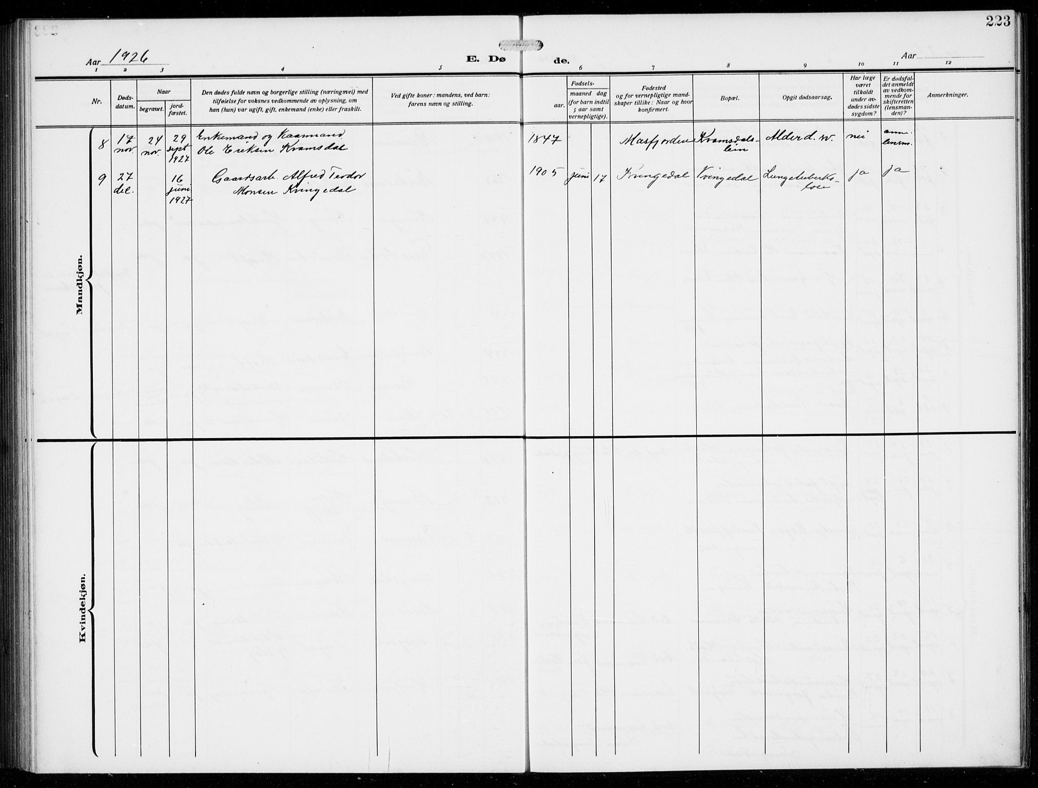 Masfjorden Sokneprestembete, AV/SAB-A-77001: Parish register (copy) no. B  2, 1912-1939, p. 223