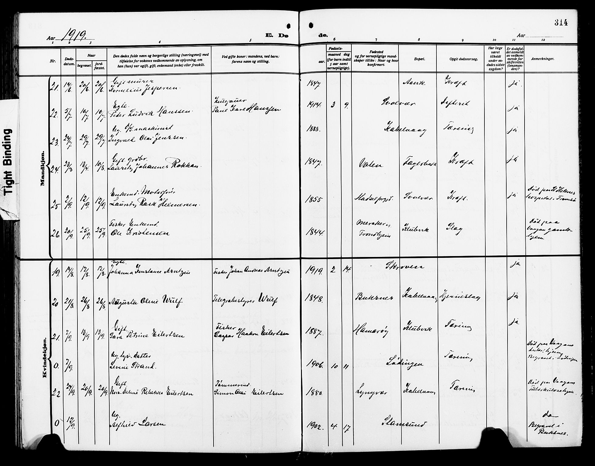 Ministerialprotokoller, klokkerbøker og fødselsregistre - Nordland, AV/SAT-A-1459/874/L1080: Parish register (copy) no. 874C09, 1915-1925, p. 314