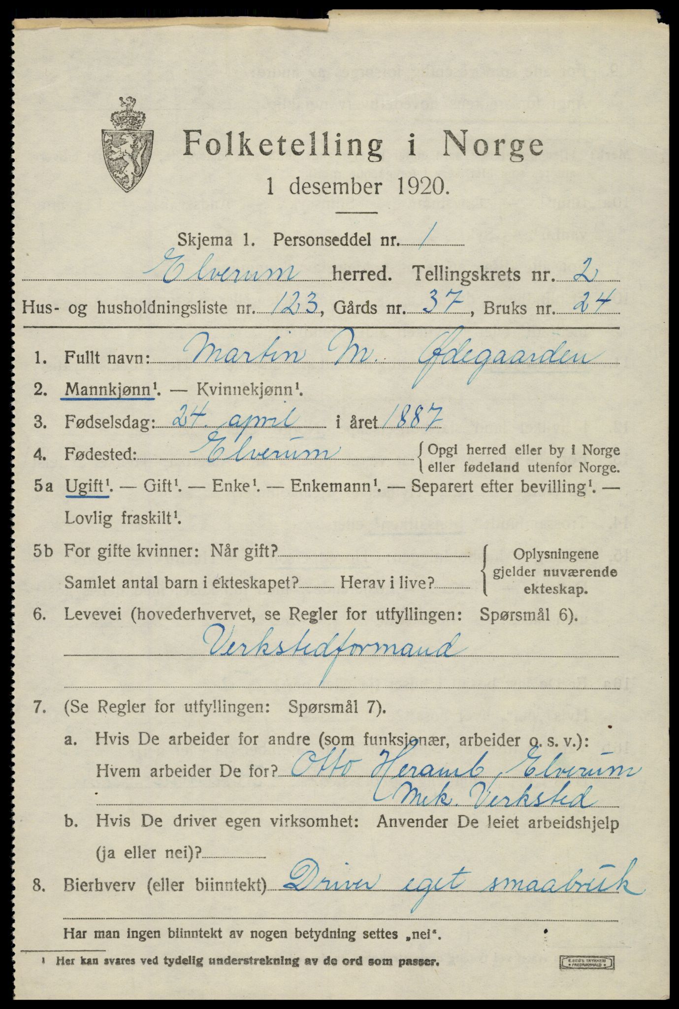 SAH, 1920 census for Elverum, 1920, p. 5980