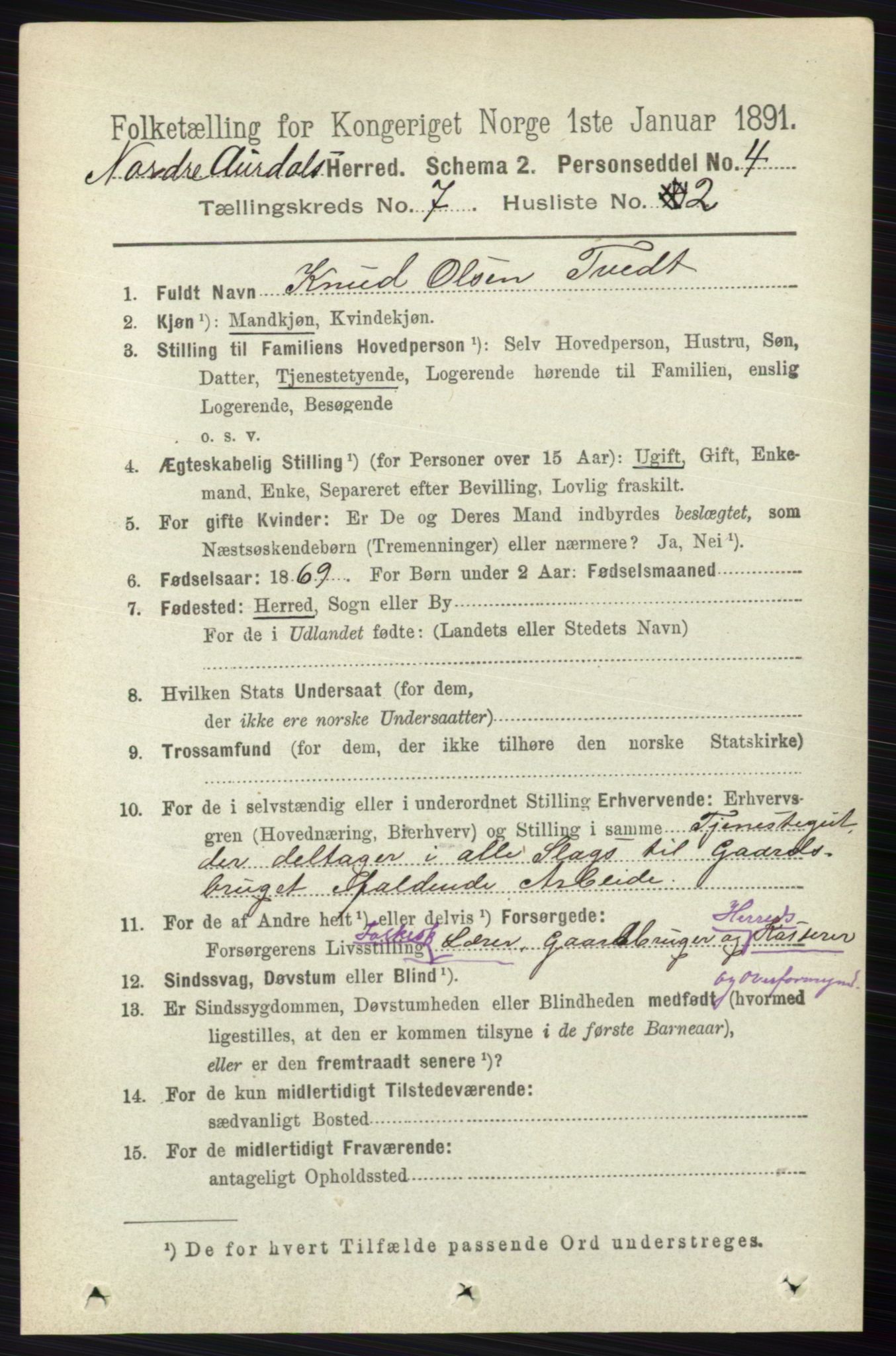 RA, 1891 census for 0542 Nord-Aurdal, 1891, p. 2391