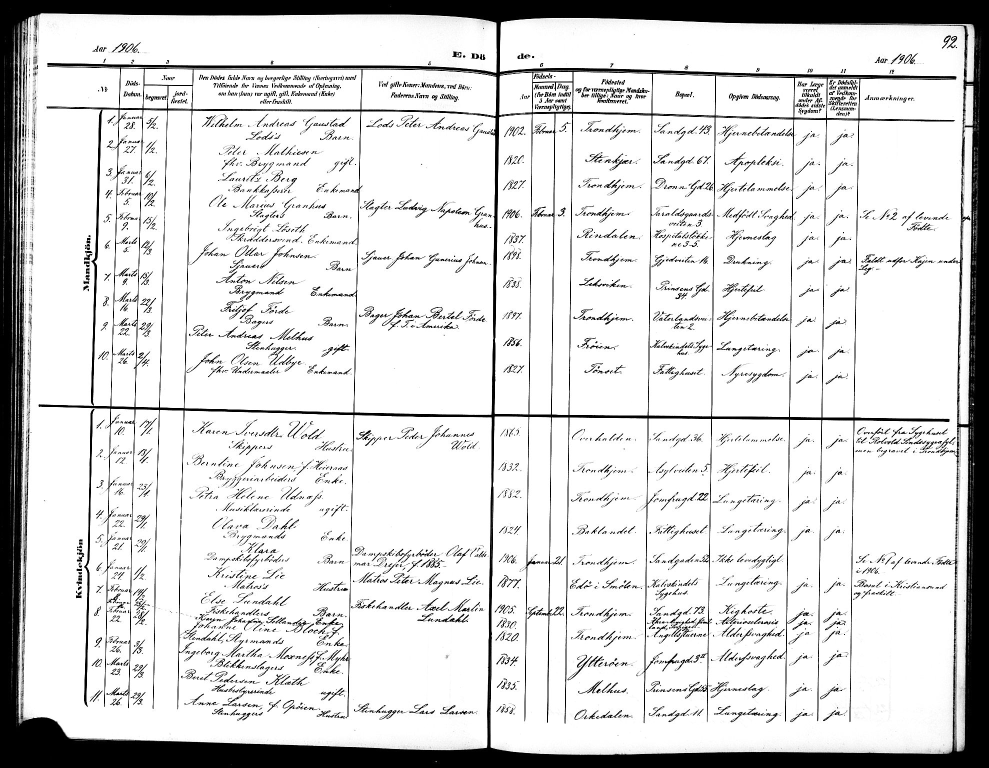 Ministerialprotokoller, klokkerbøker og fødselsregistre - Sør-Trøndelag, SAT/A-1456/602/L0146: Parish register (copy) no. 602C14, 1904-1914, p. 92