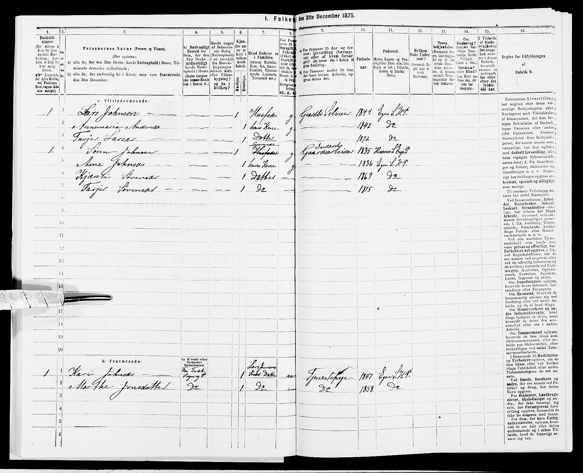 SAK, 1875 census for 1034P Hægebostad, 1875, p. 558