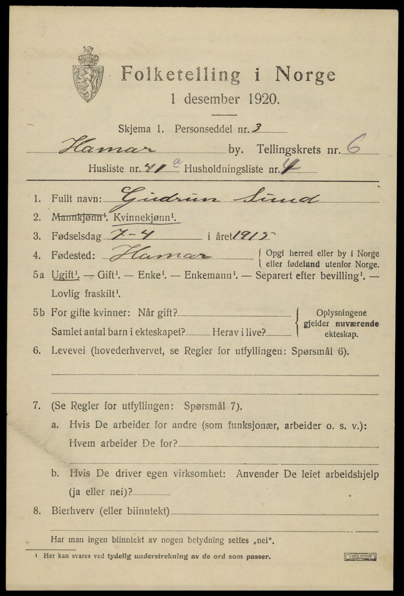 SAH, 1920 census for Hamar, 1920, p. 12005