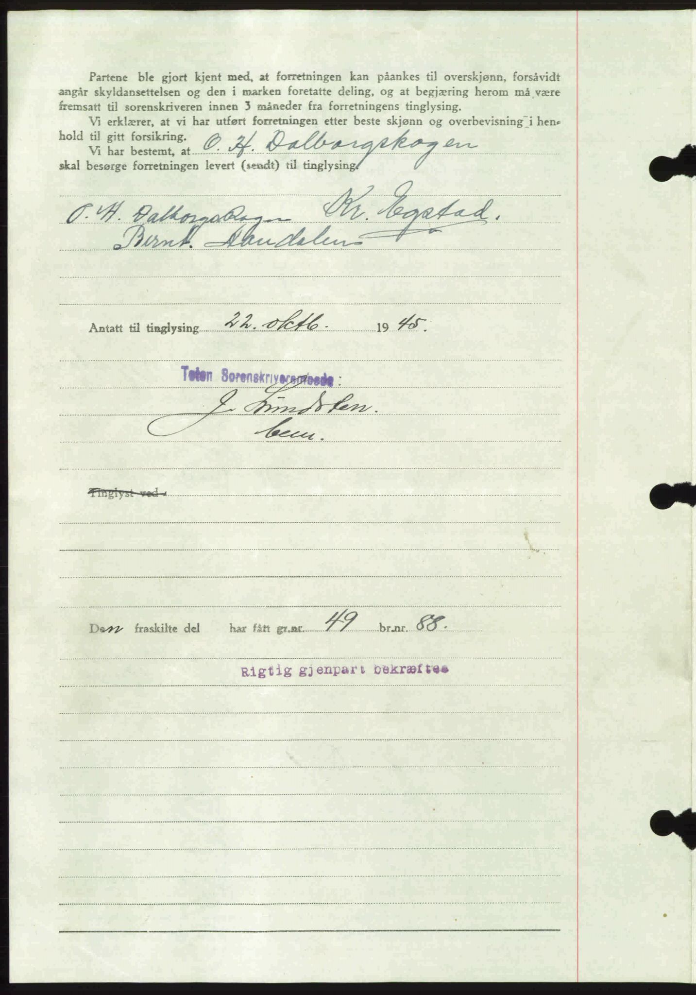 Toten tingrett, SAH/TING-006/H/Hb/Hbc/L0013: Mortgage book no. Hbc-13, 1945-1945, Diary no: : 1423/1945