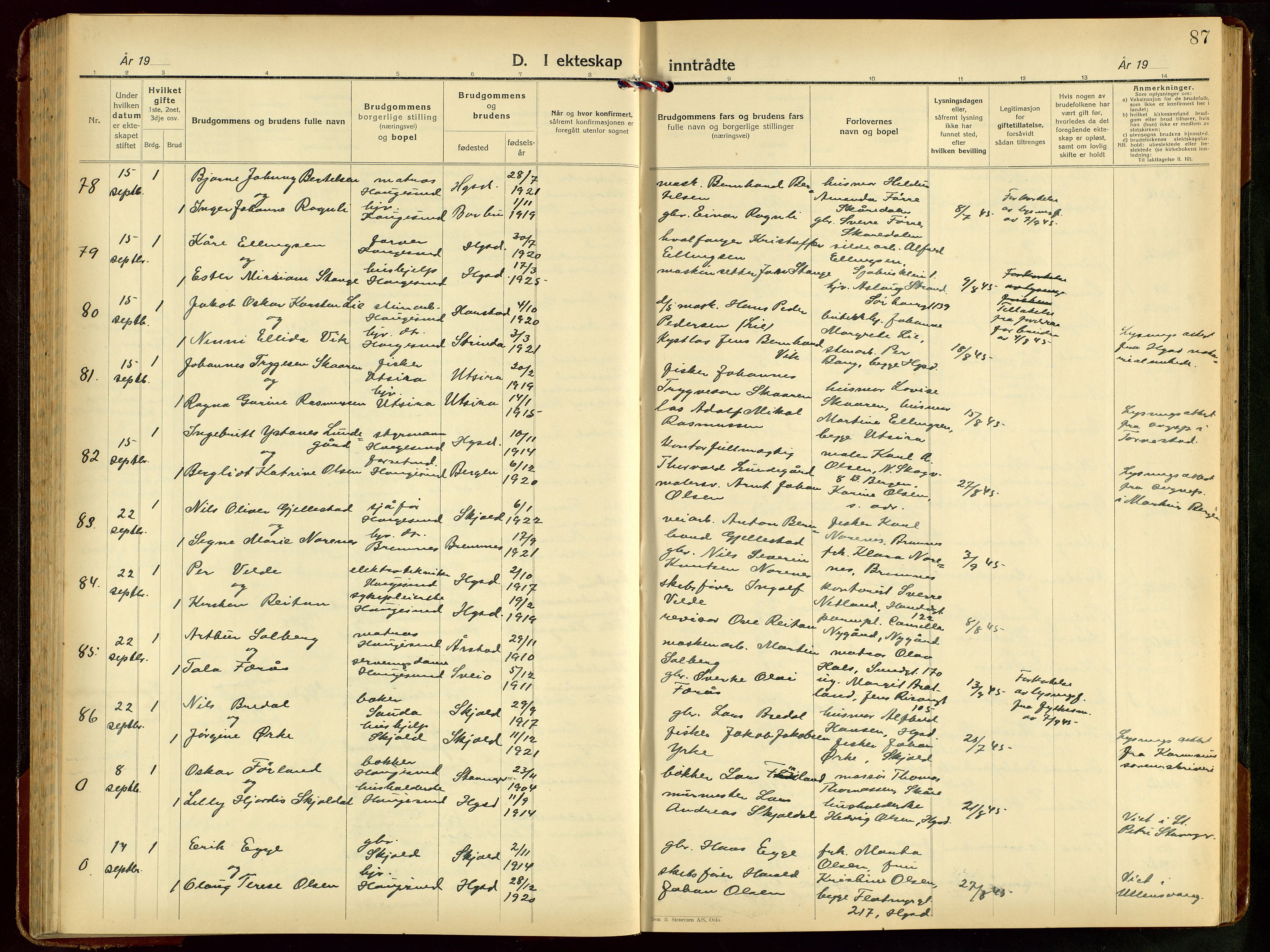 Haugesund sokneprestkontor, AV/SAST-A -101863/H/Ha/Hab/L0014: Parish register (copy) no. B 14, 1940-1952, p. 87