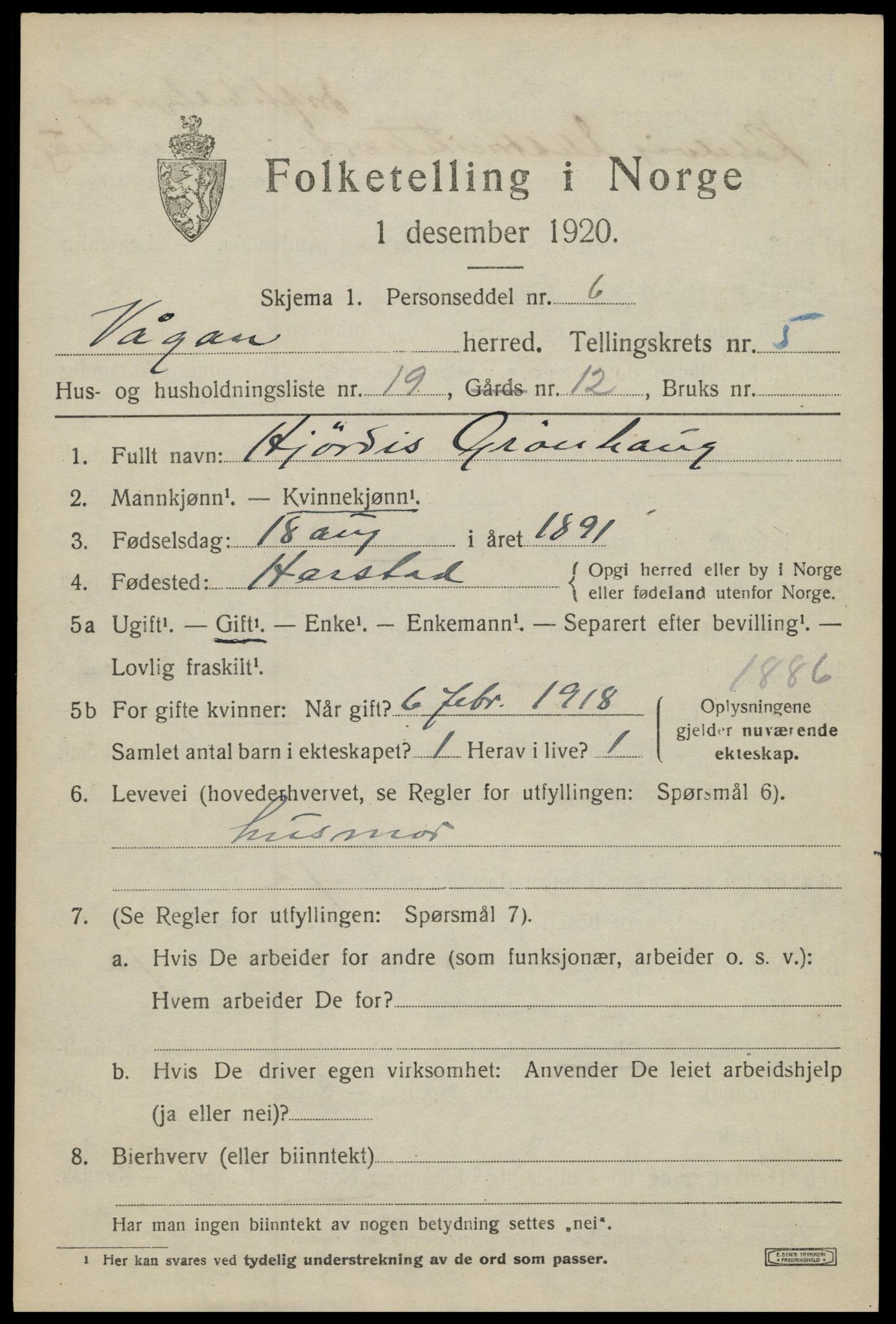 SAT, 1920 census for Vågan, 1920, p. 5383