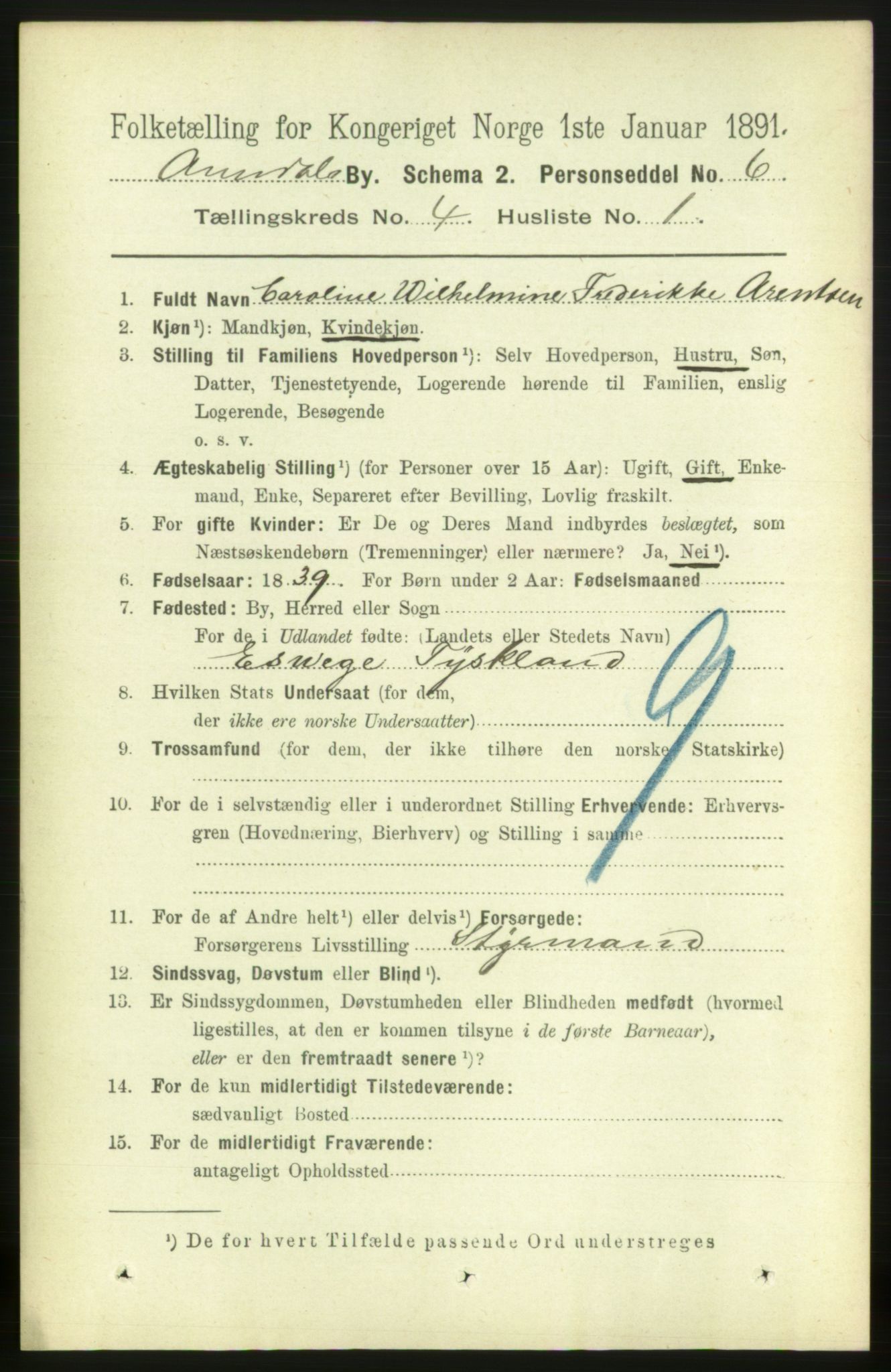 RA, 1891 census for 0903 Arendal, 1891, p. 1658