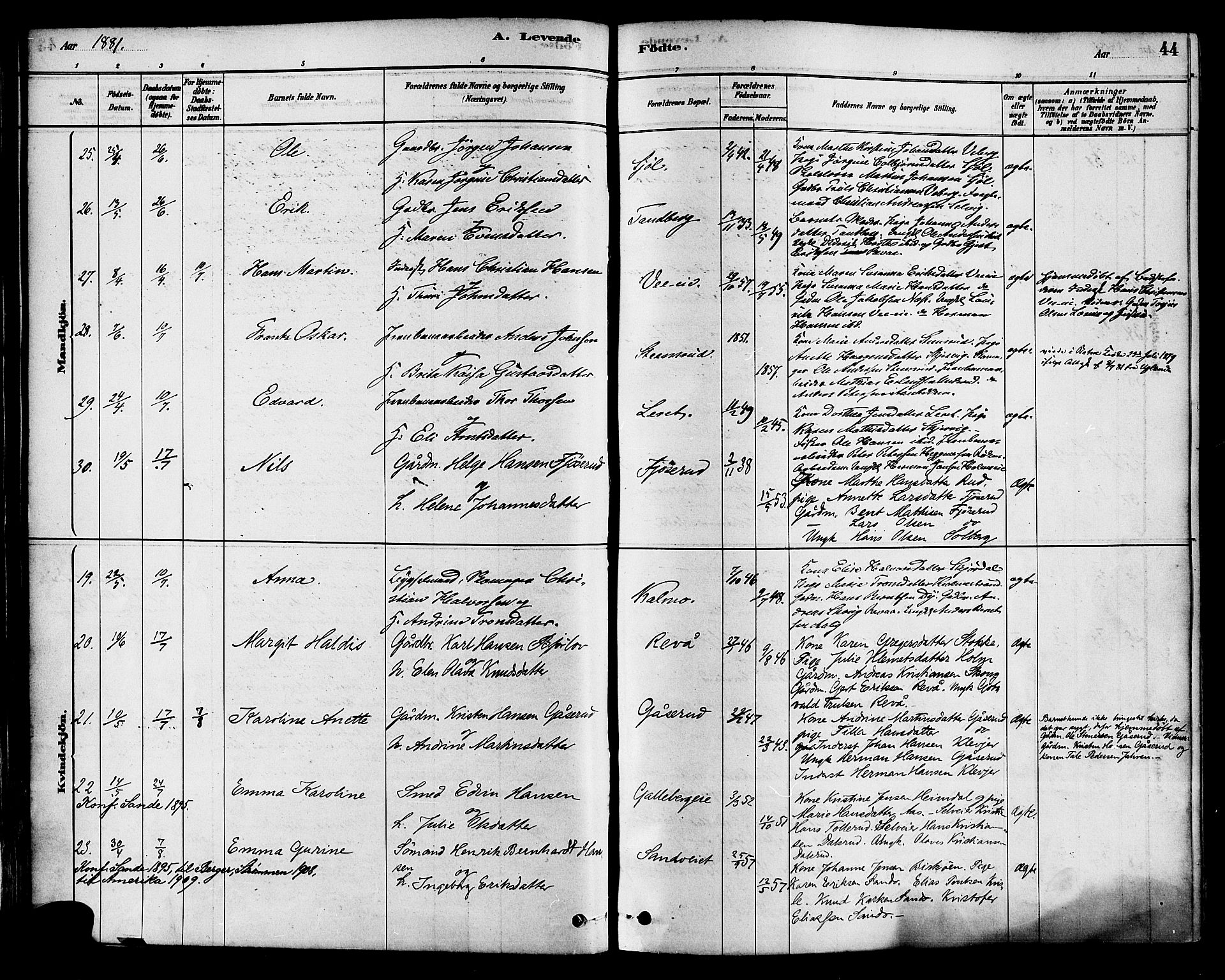 Sande Kirkebøker, SAKO/A-53/F/Fa/L0006: Parish register (official) no. 6, 1878-1888, p. 44