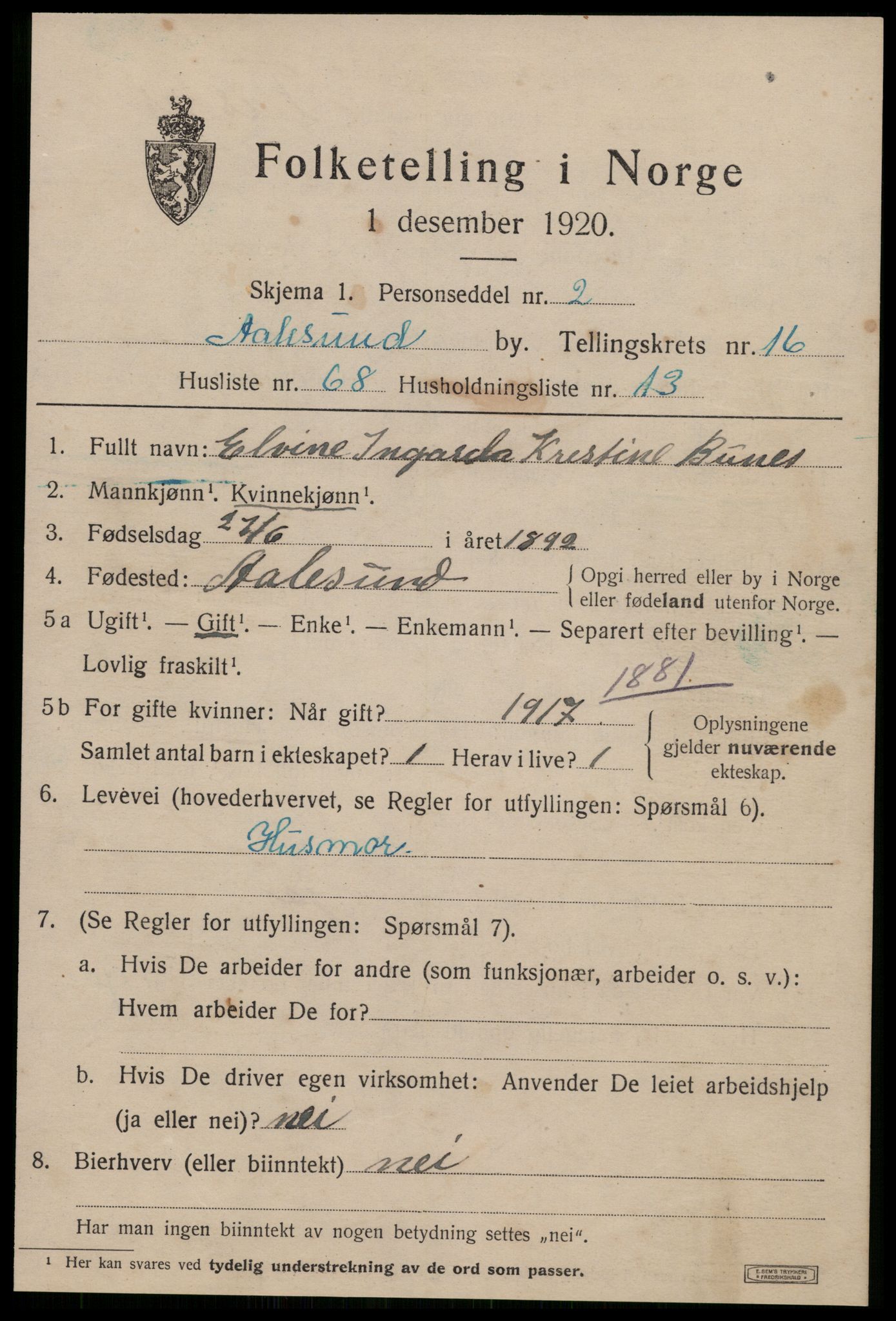 SAT, 1920 census for Ålesund, 1920, p. 33250