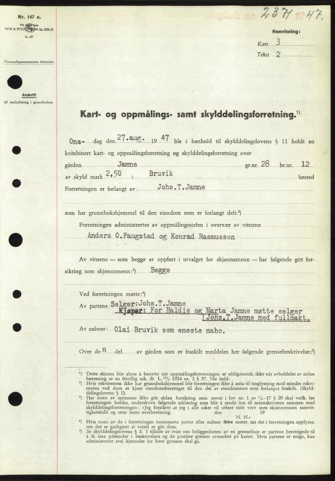 Nordhordland sorenskrivar, SAB/A-2901/1/G/Gb/Gbf/L0032: Mortgage book no. A32, 1947-1947, Diary no: : 2371/1947