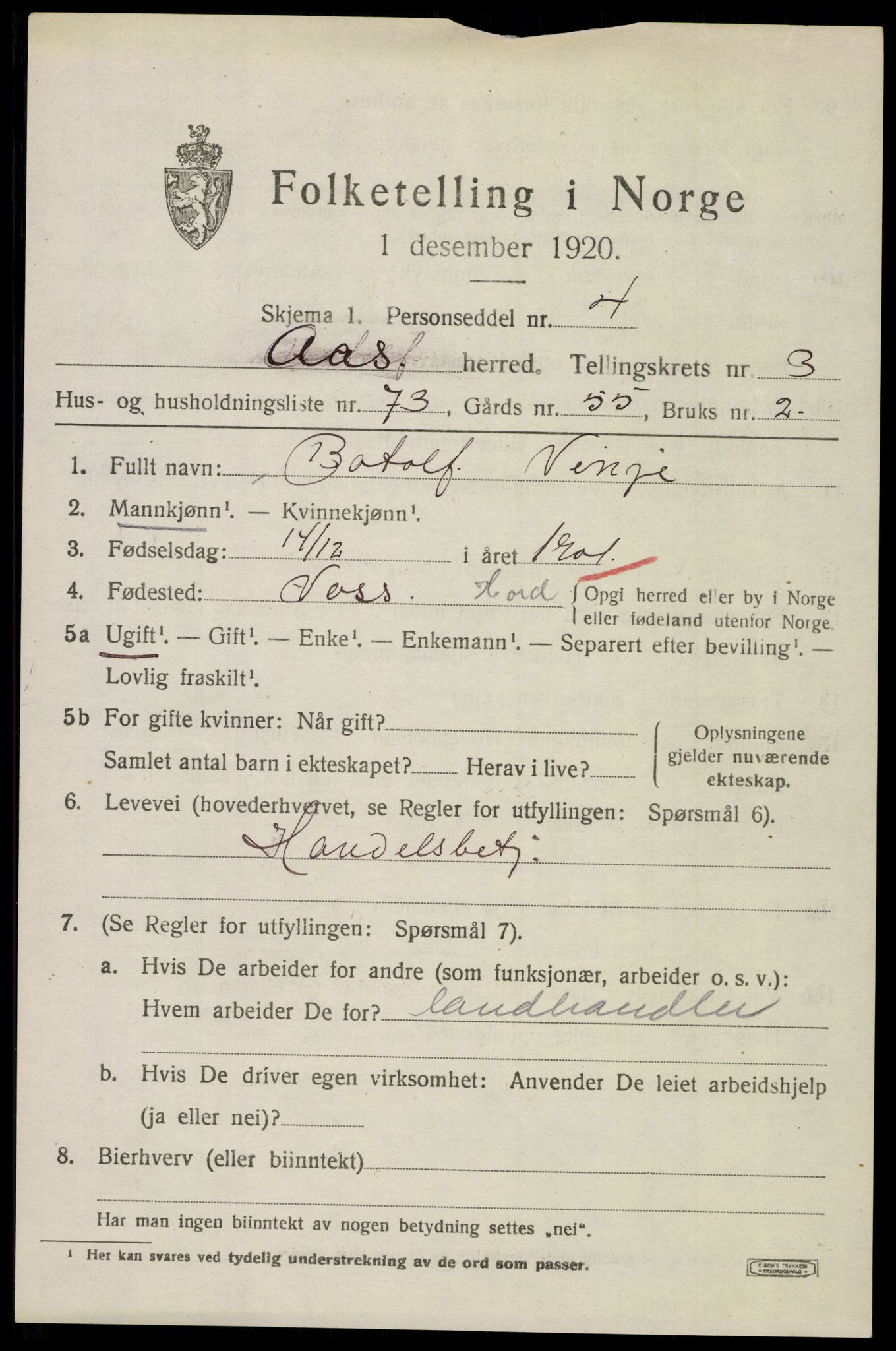SAO, 1920 census for Ås, 1920, p. 4656
