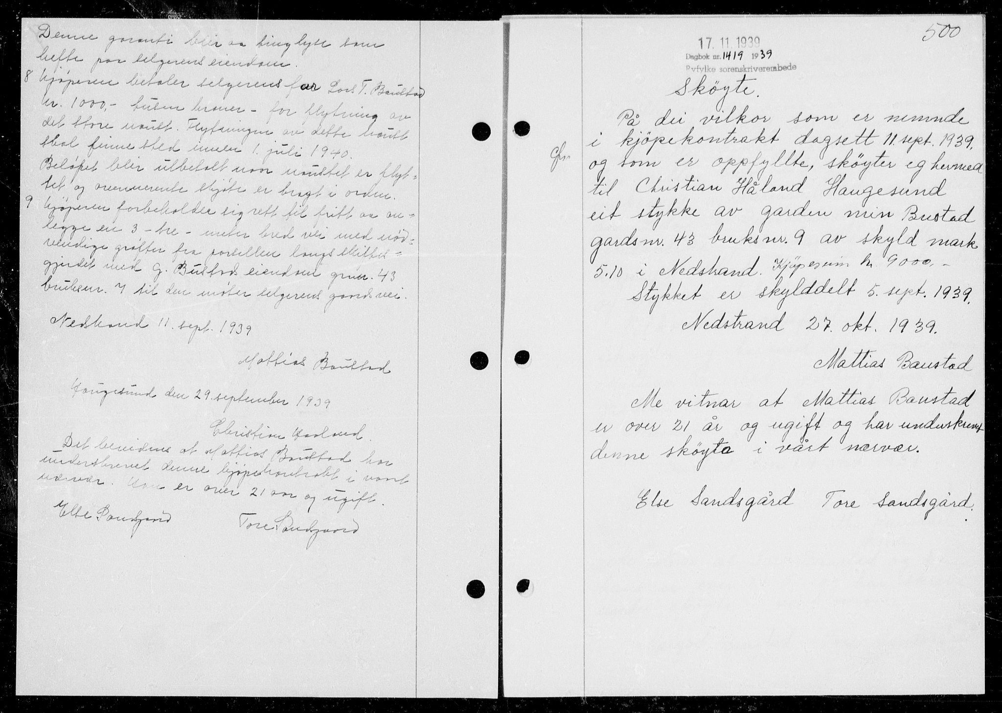Ryfylke tingrett, SAST/A-100055/001/II/IIB/L0080: Mortgage book no. 59, 1939-1939, Diary no: : 1419/1939