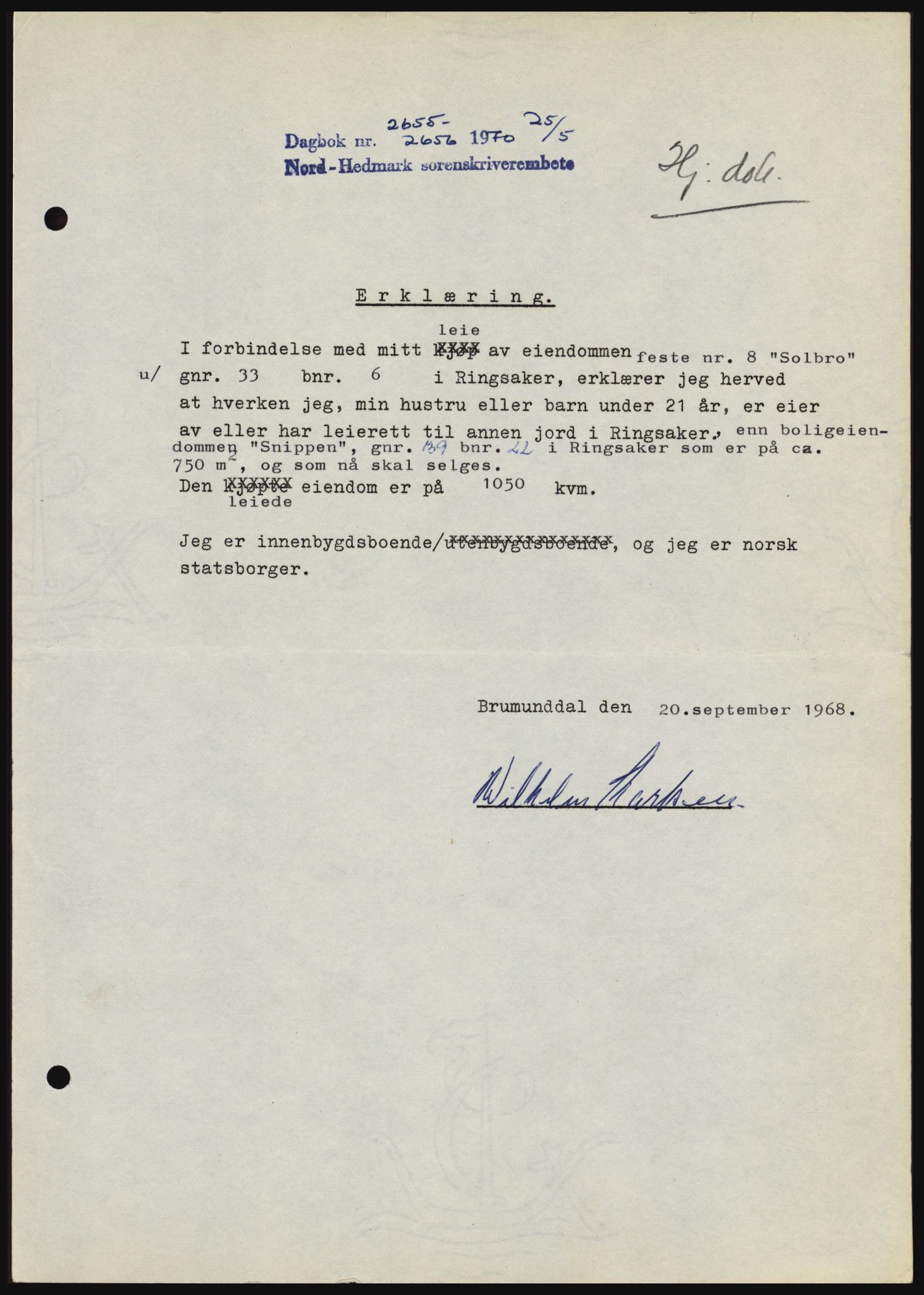 Nord-Hedmark sorenskriveri, SAH/TING-012/H/Hc/L0033: Mortgage book no. 33, 1970-1970, Diary no: : 2655/1970