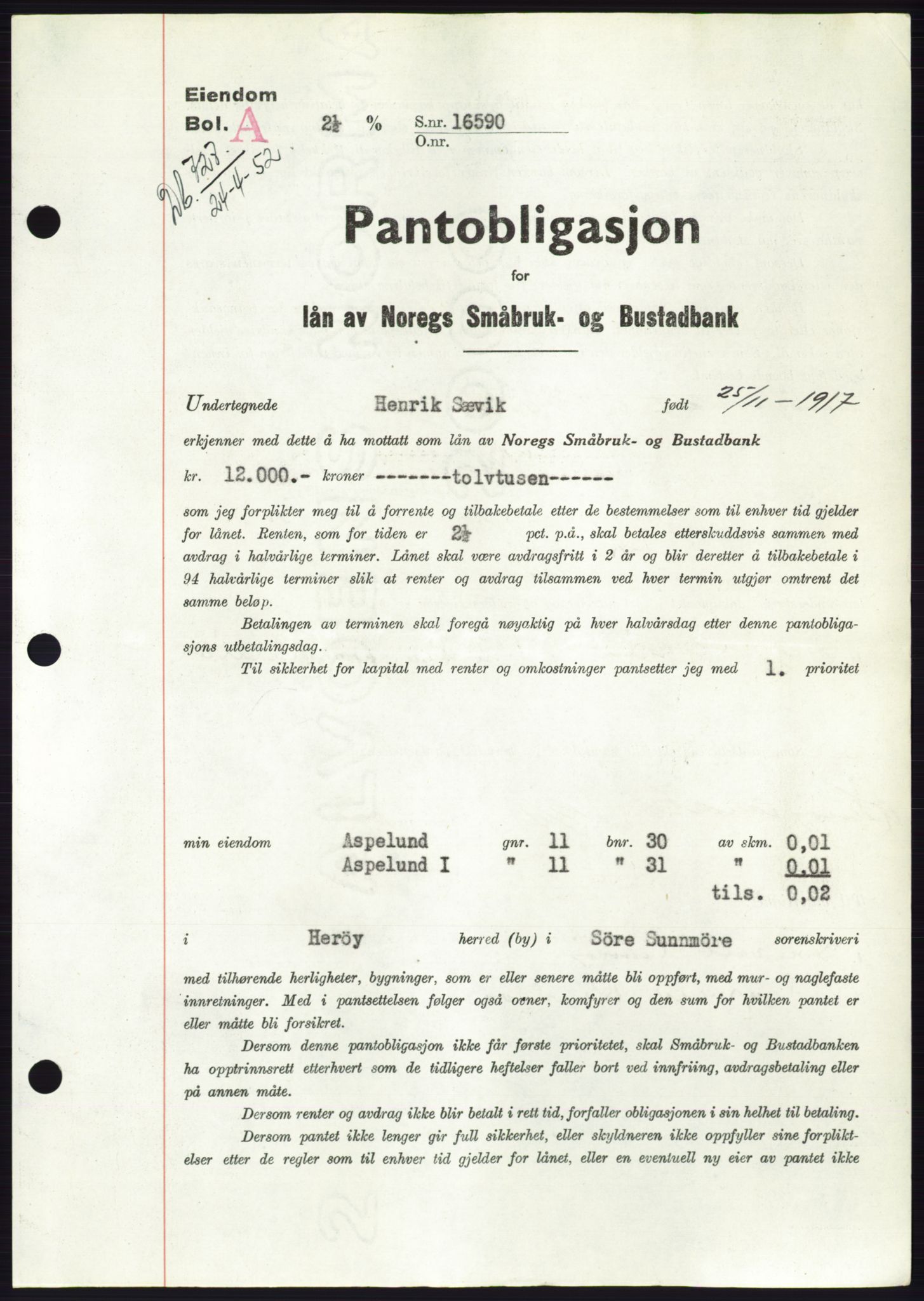 Søre Sunnmøre sorenskriveri, AV/SAT-A-4122/1/2/2C/L0121: Mortgage book no. 9B, 1951-1952, Diary no: : 727/1952