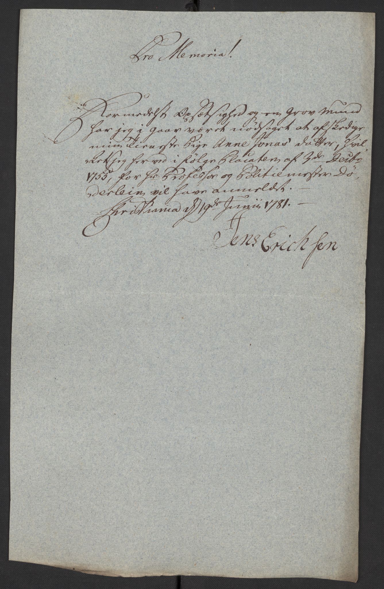 Oslo politidistrikt, AV/SAO-A-10085/D/Da/L0003: Innkomne brev, pro memoria m.v., 1781, p. 245