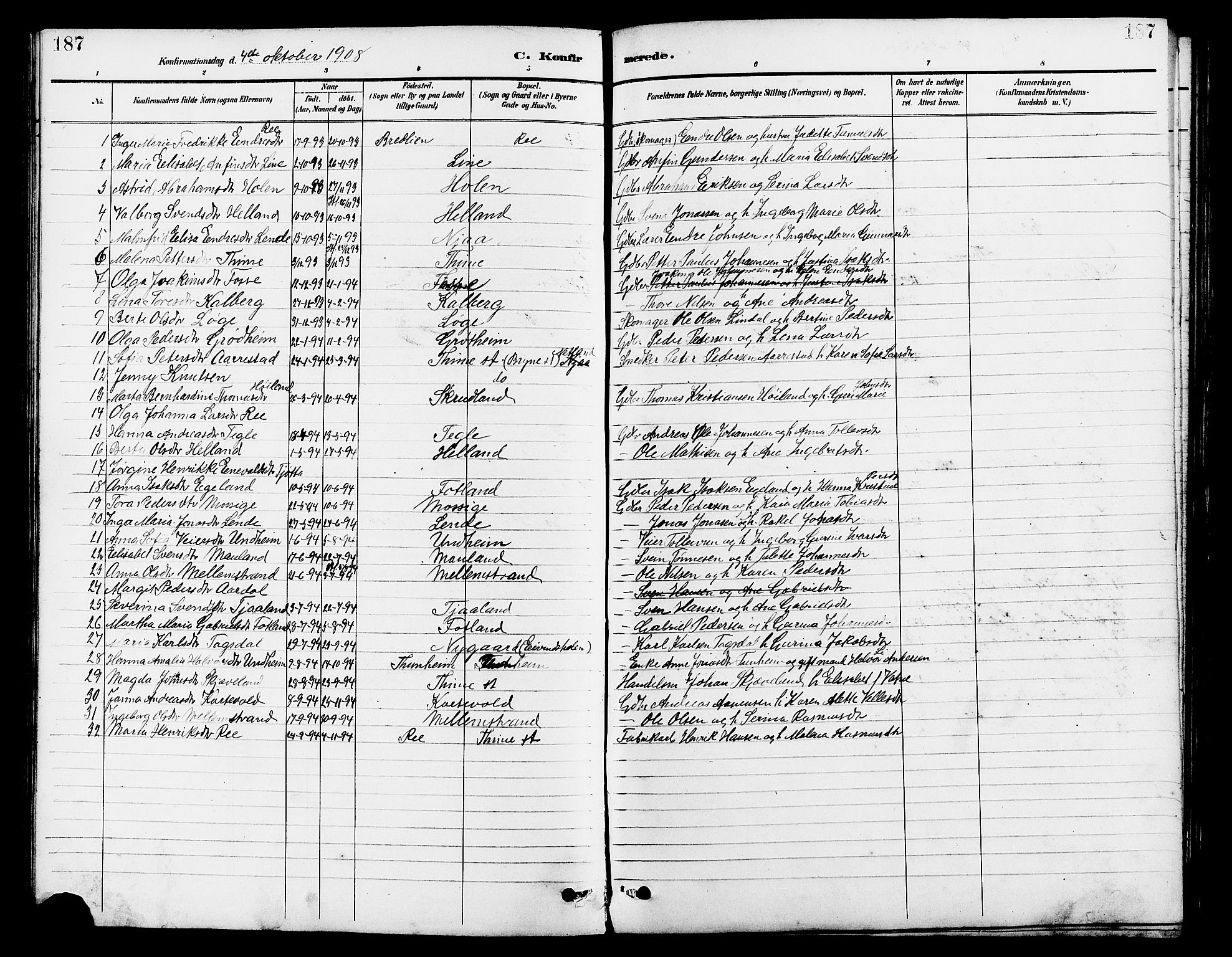 Lye sokneprestkontor, AV/SAST-A-101794/001/30BB/L0007: Parish register (copy) no. B 8, 1889-1909, p. 187