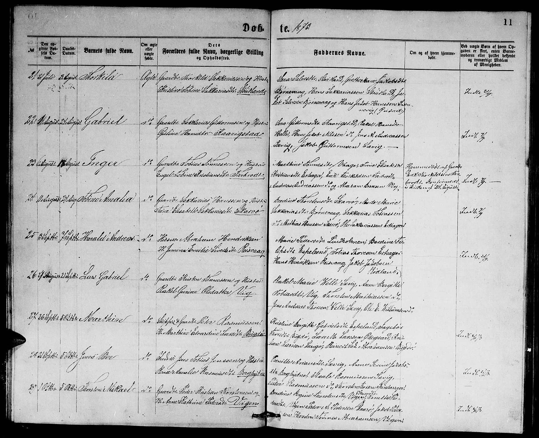 Herad sokneprestkontor, AV/SAK-1111-0018/F/Fb/Fbb/L0003: Parish register (copy) no. B 3, 1872-1889, p. 11