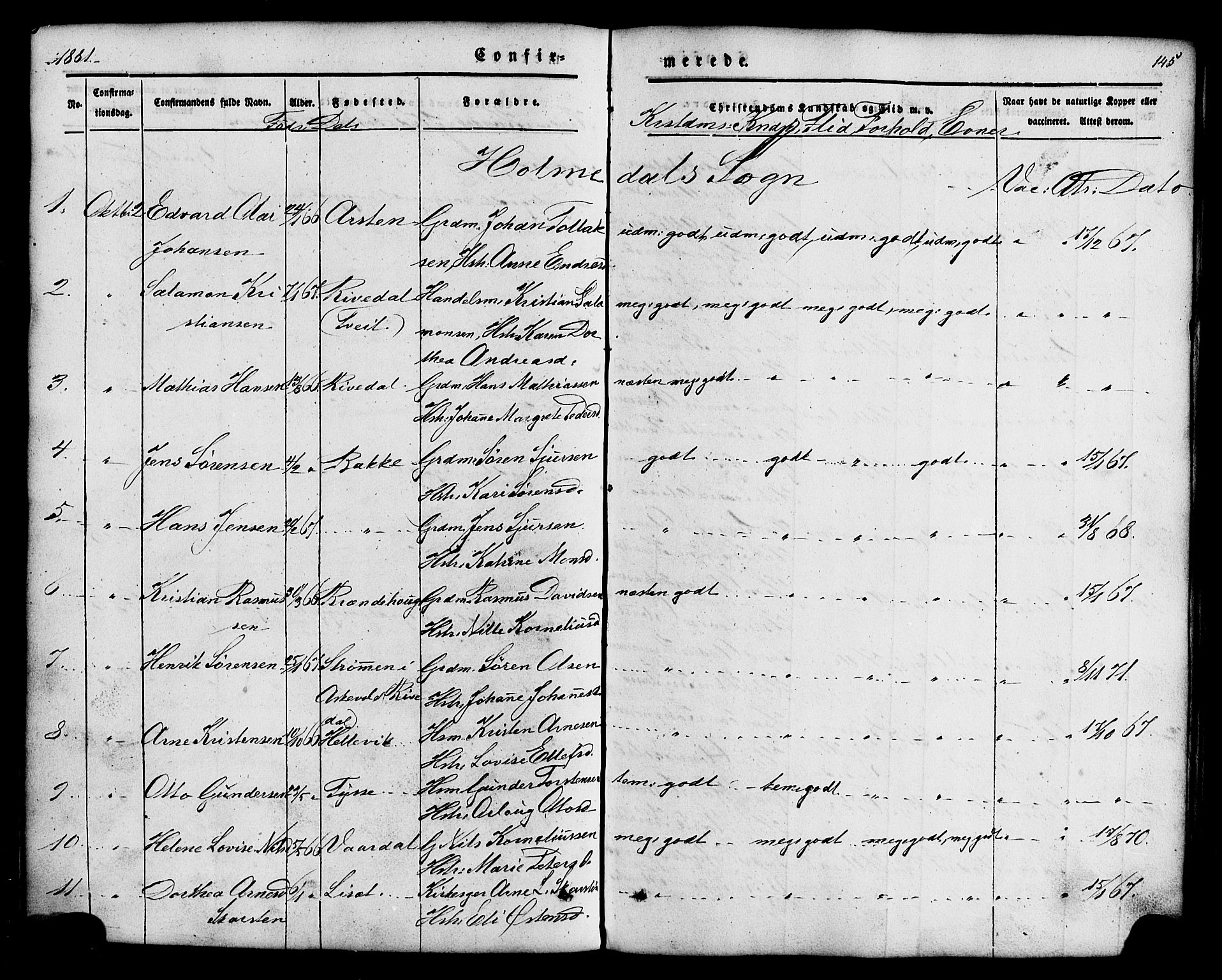 Fjaler sokneprestembete, AV/SAB-A-79801/H/Haa/Haaa/L0008: Parish register (official) no. A 8, 1850-1886, p. 145