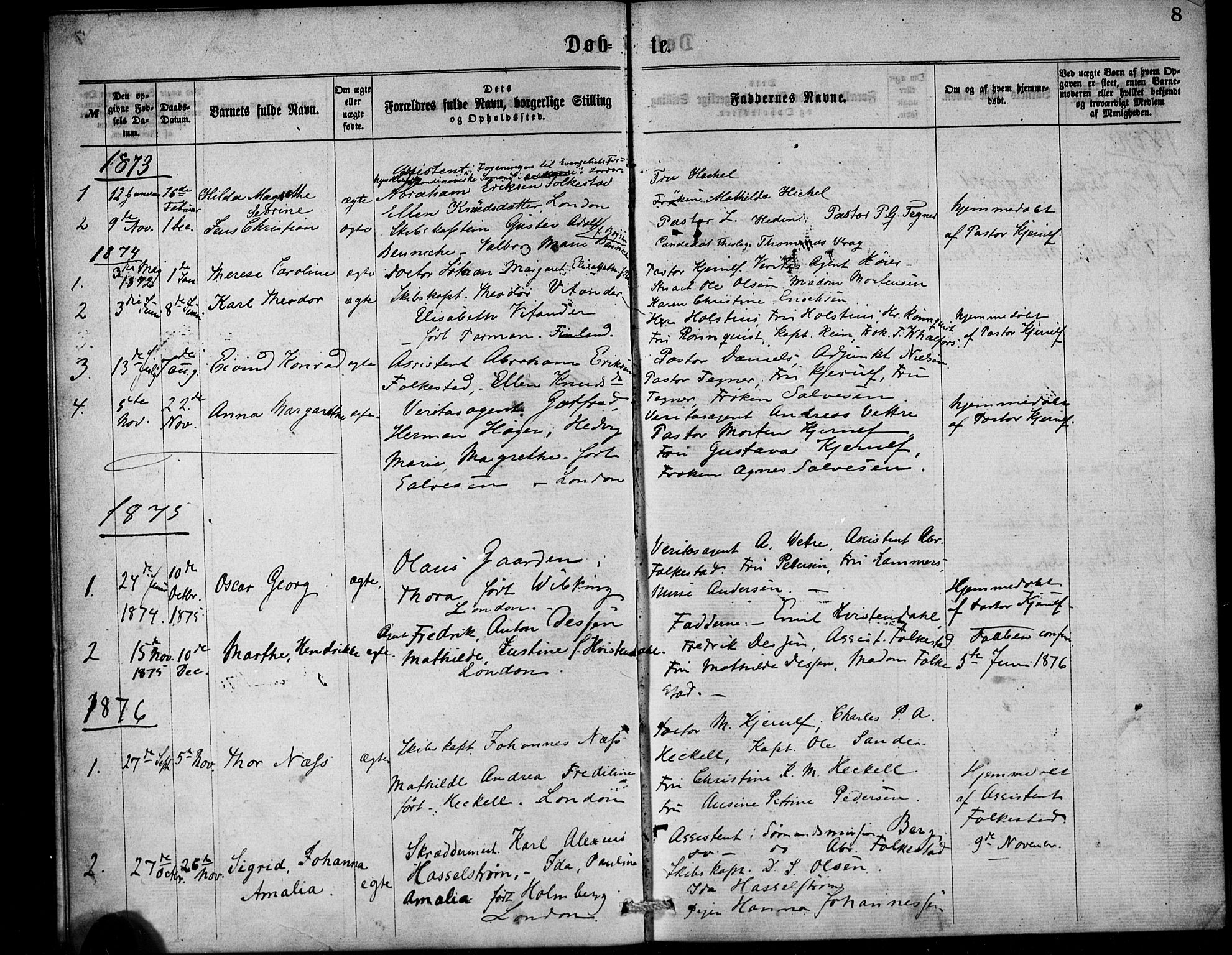  Den norske sjømannsmisjon i utlandet/London m/bistasjoner, SAB/SAB/PA-0103/H/Ha/L0001: Parish register (official) no. A 1, 1868-1887, p. 8