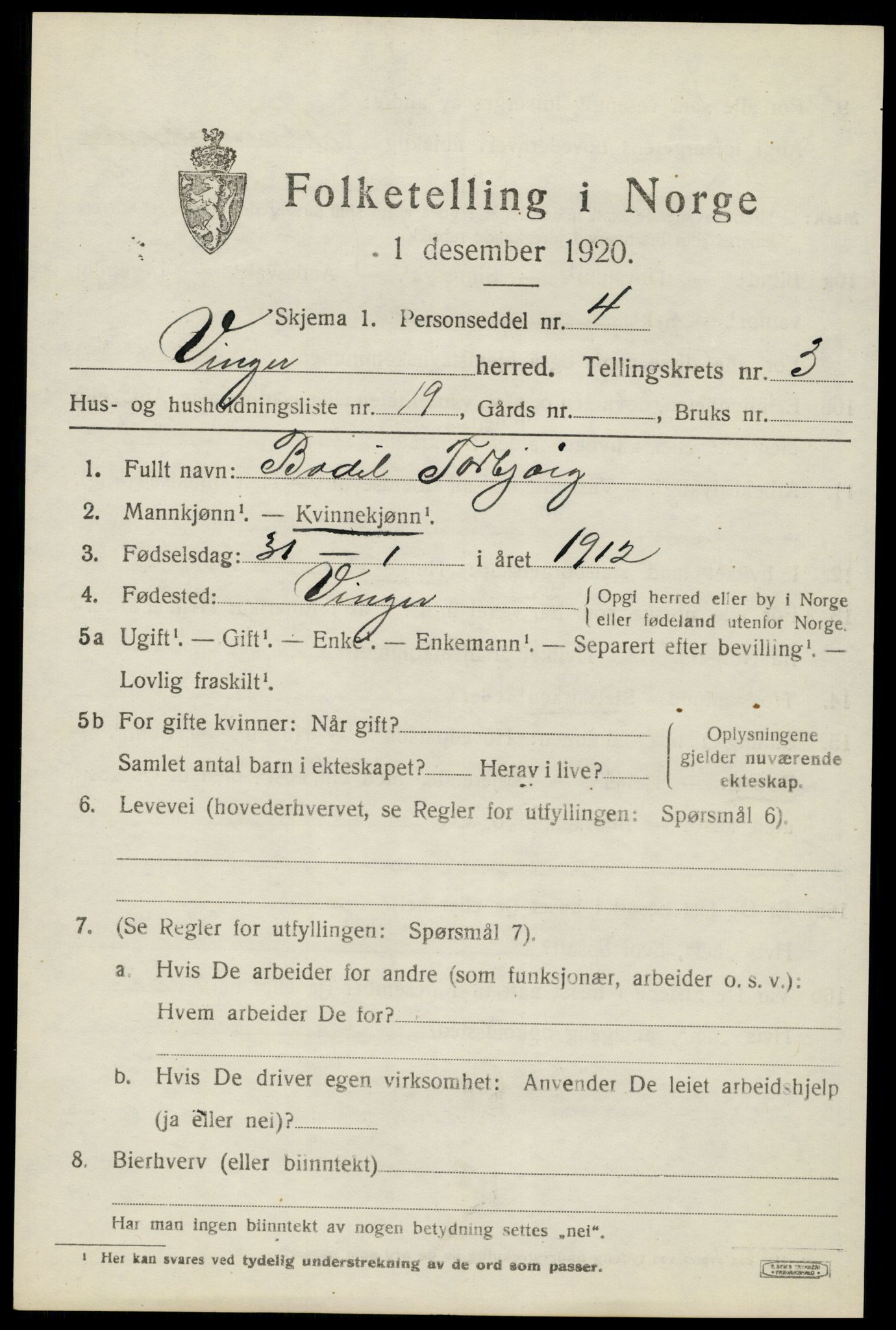 SAH, 1920 census for Vinger, 1920, p. 4790