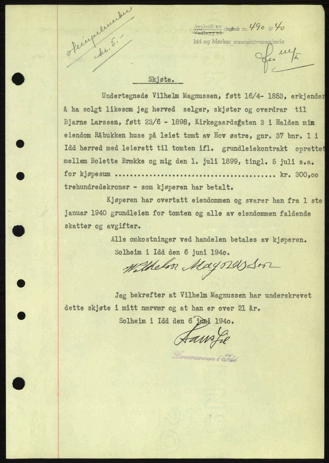 Idd og Marker sorenskriveri, AV/SAO-A-10283/G/Gb/Gbb/L0004: Mortgage book no. A4, 1940-1941, Diary no: : 490/1940