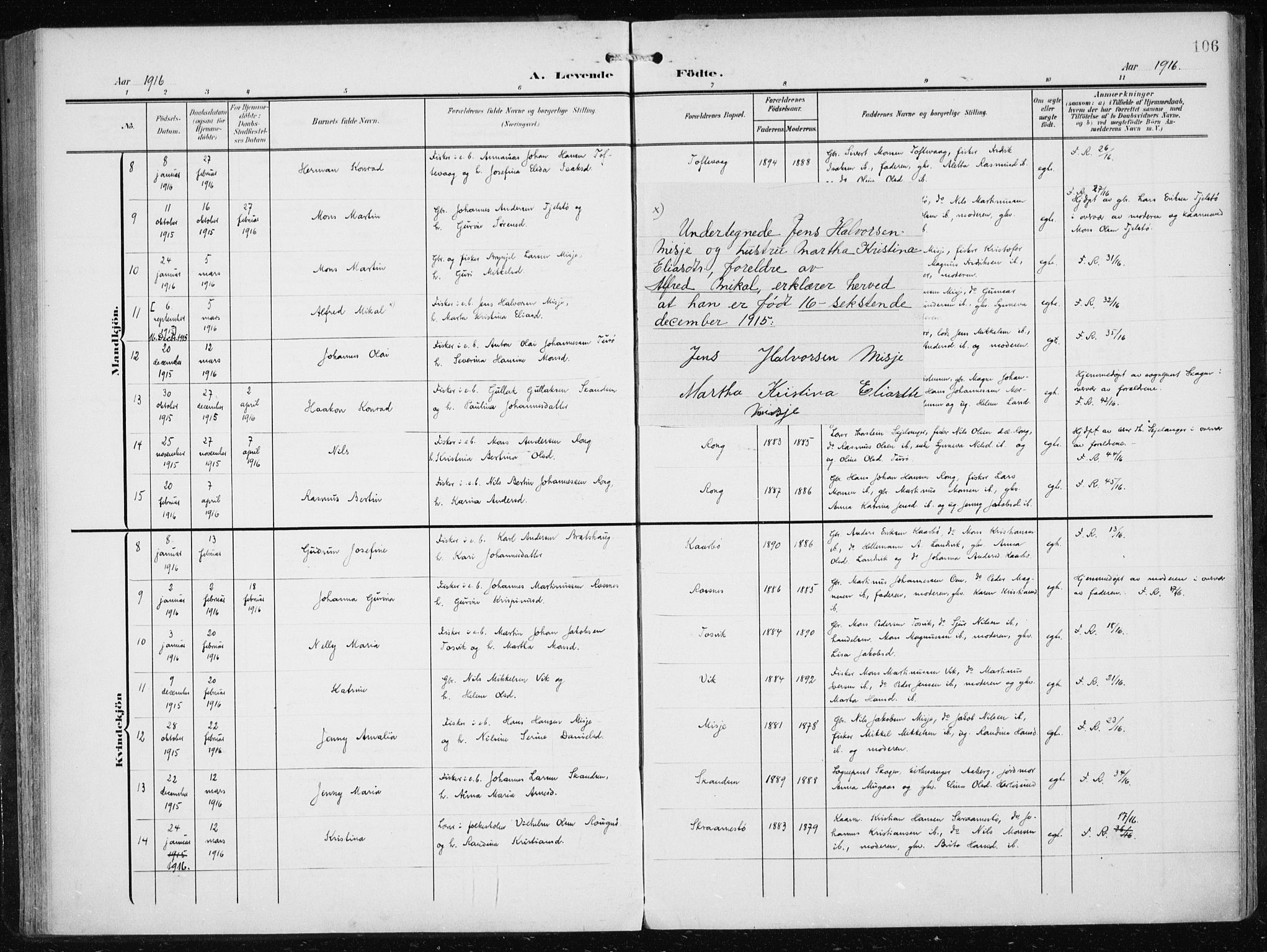 Herdla Sokneprestembete, AV/SAB-A-75701/H/Haa: Parish register (official) no. A 5, 1905-1918, p. 106