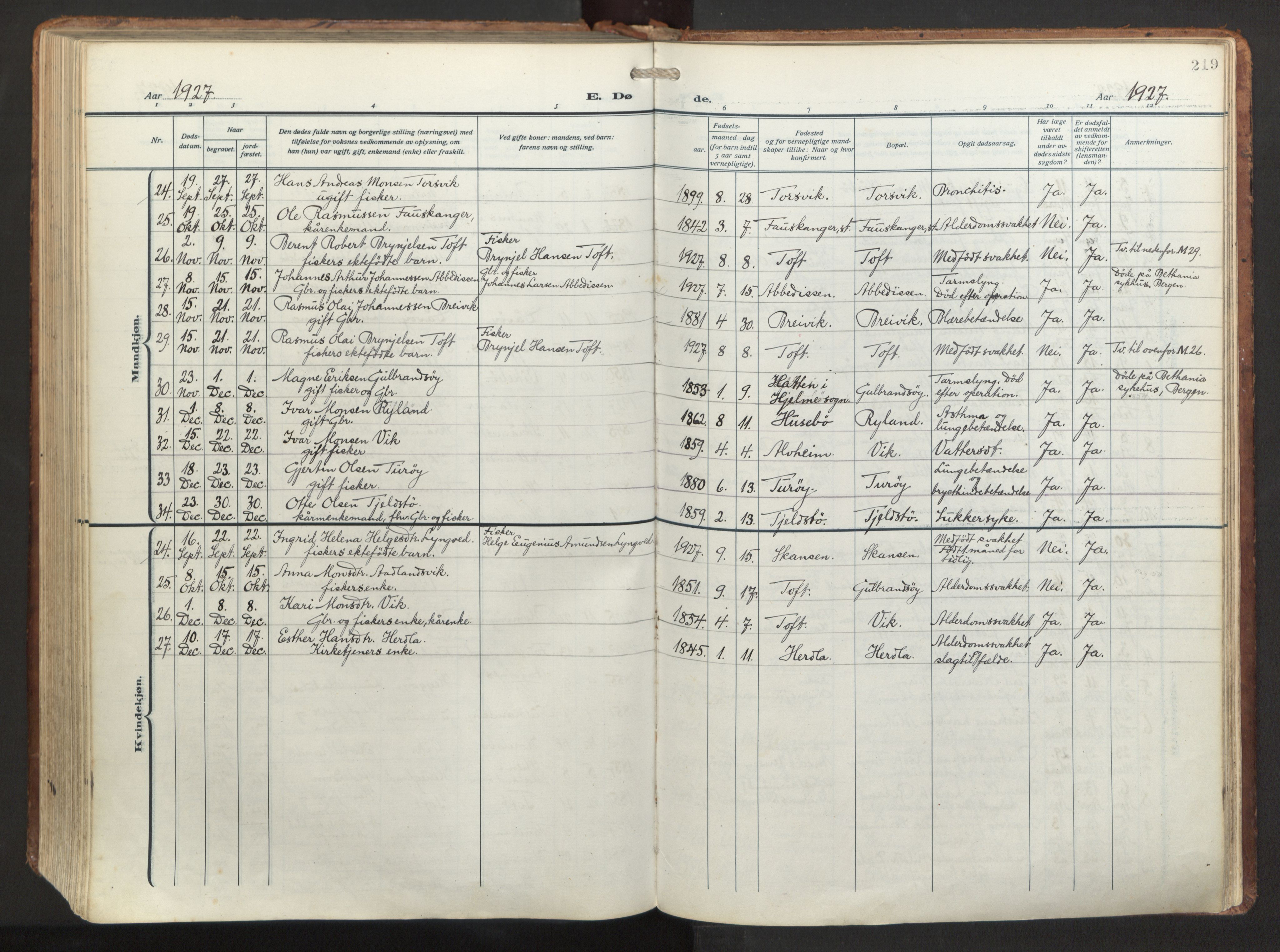 Herdla Sokneprestembete, SAB/A-75701/H/Haa: Parish register (official) no. A 6, 1918-1933, p. 219