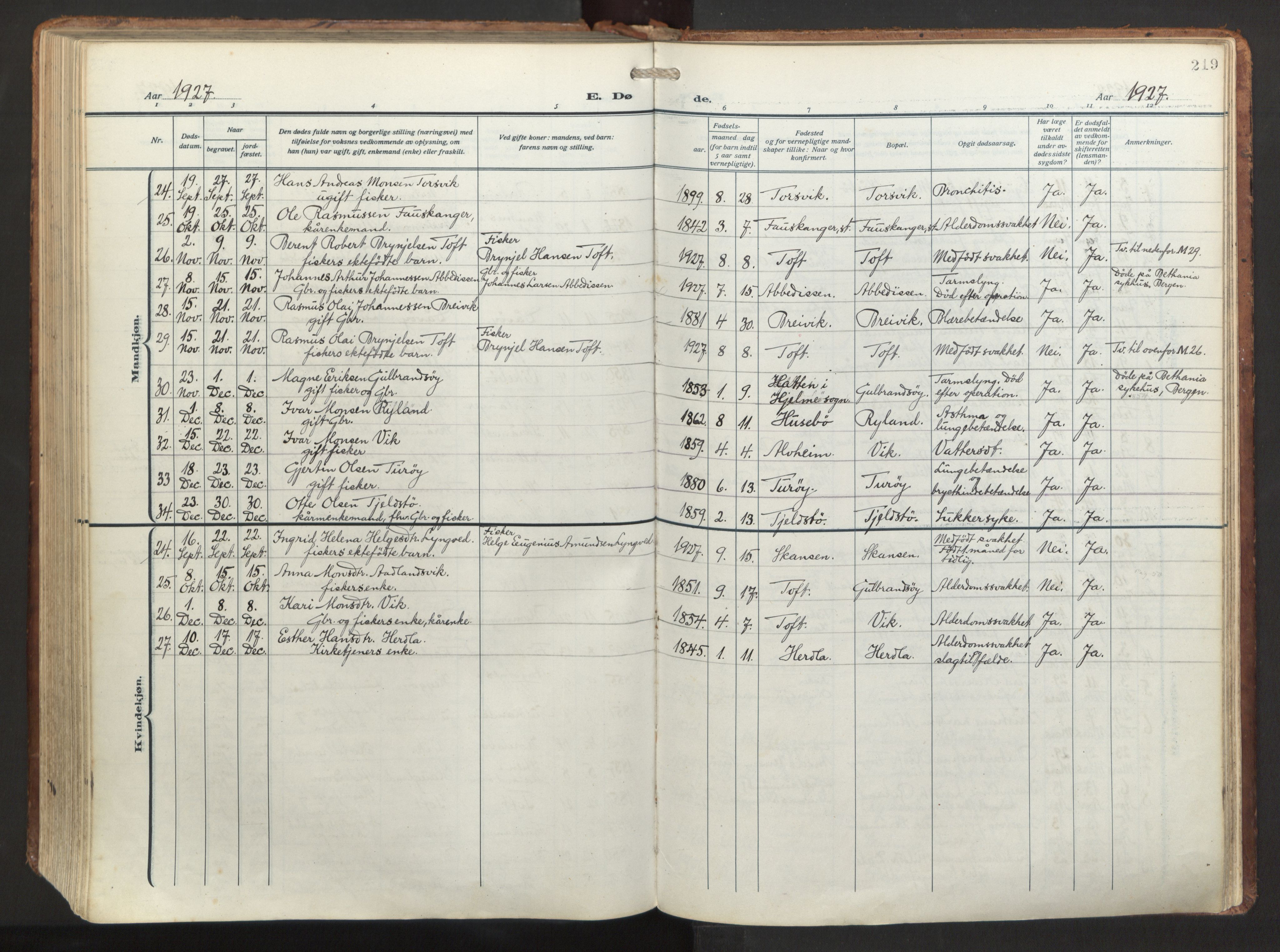 Herdla Sokneprestembete, AV/SAB-A-75701/H/Haa: Parish register (official) no. A 6, 1918-1933, p. 219