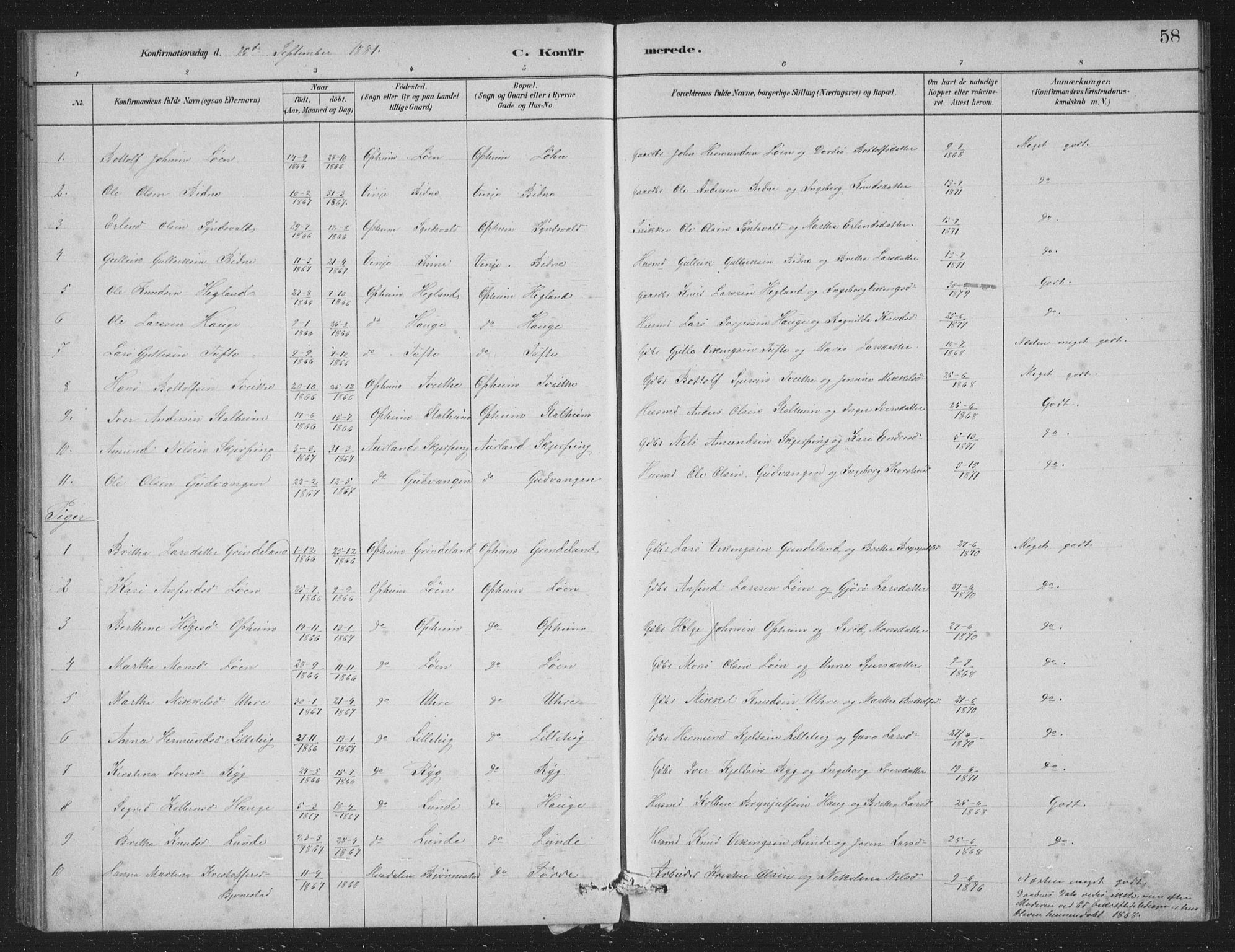 Vossestrand Sokneprestembete, SAB/A-79101/H/Hab: Parish register (copy) no. A 2, 1880-1902, p. 58